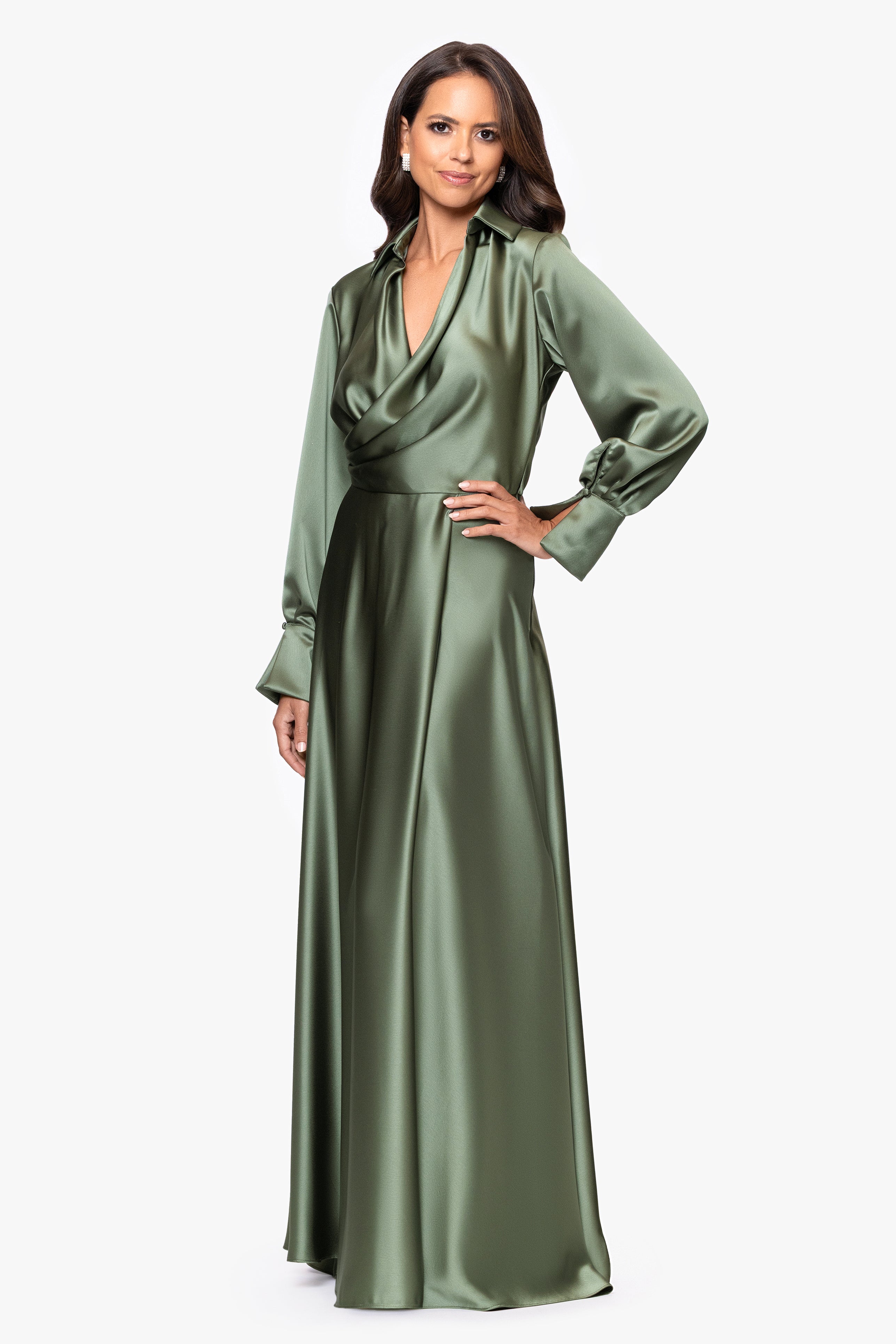 "Kelandra" Satin Collared V-Neck Long Sleeve Floor Length Dress