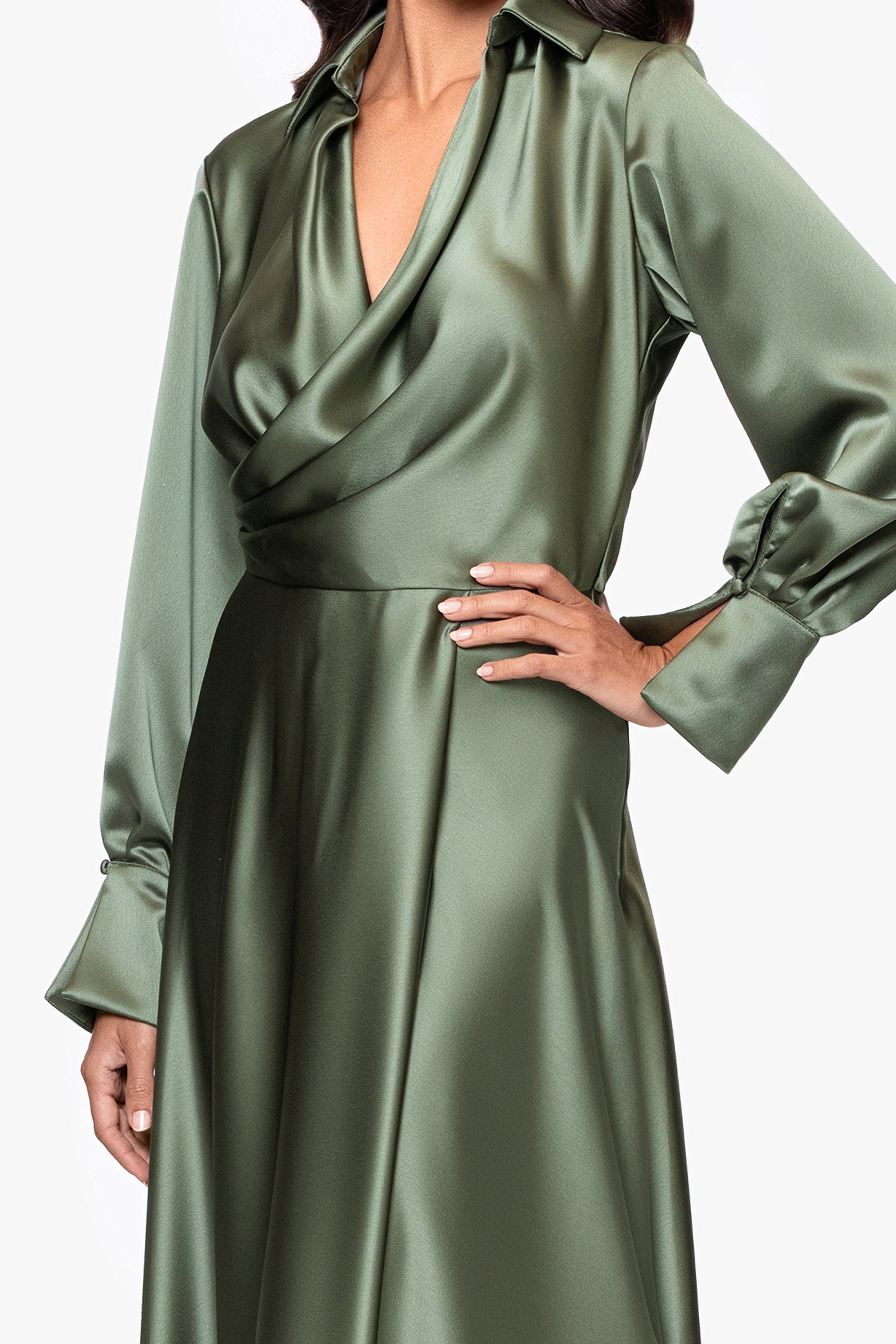 "Kelandra" Satin Collared V-Neck Long Sleeve Floor Length Dress