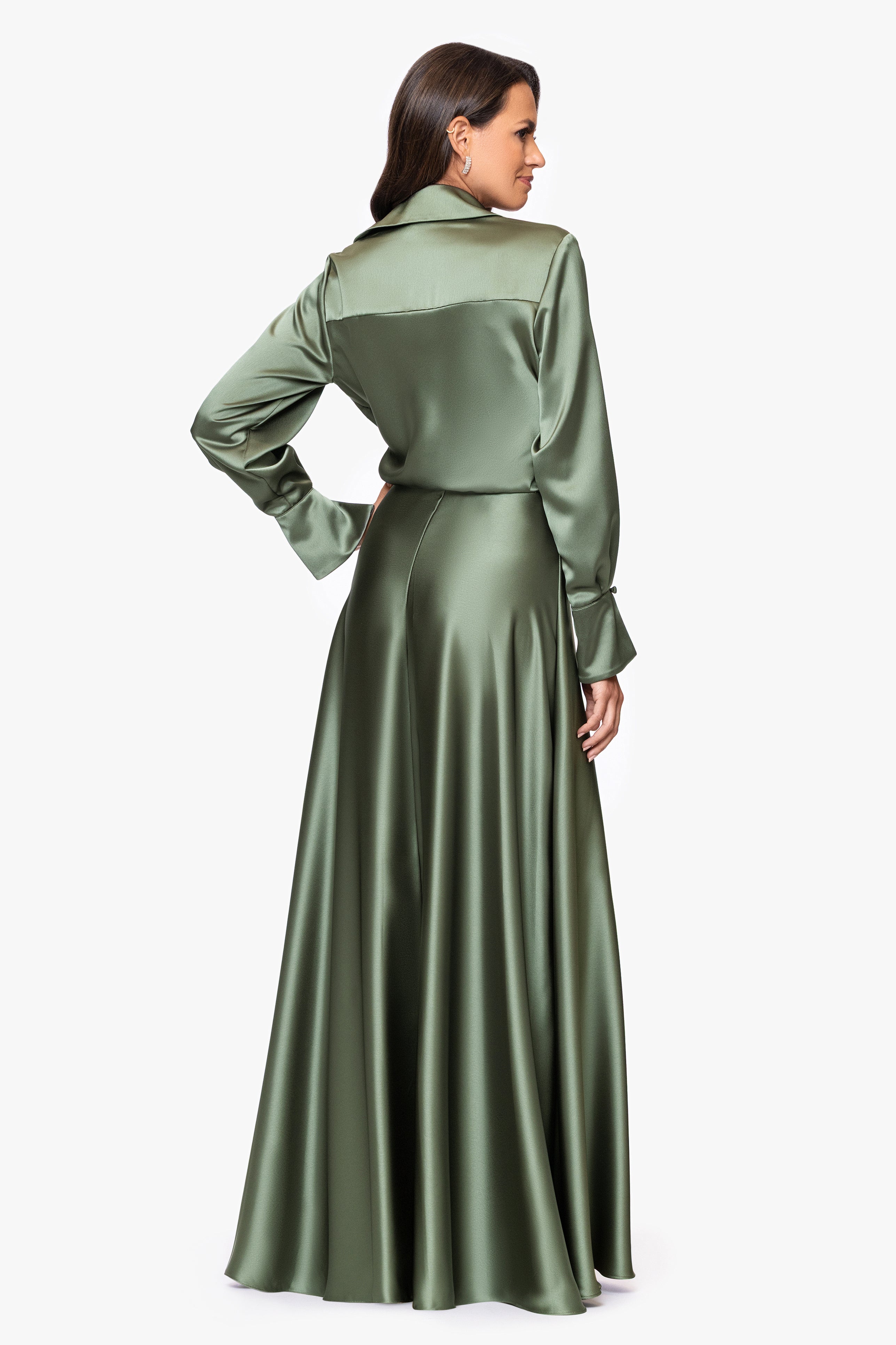 "Kelandra" Satin Collared V-Neck Long Sleeve Floor Length Dress