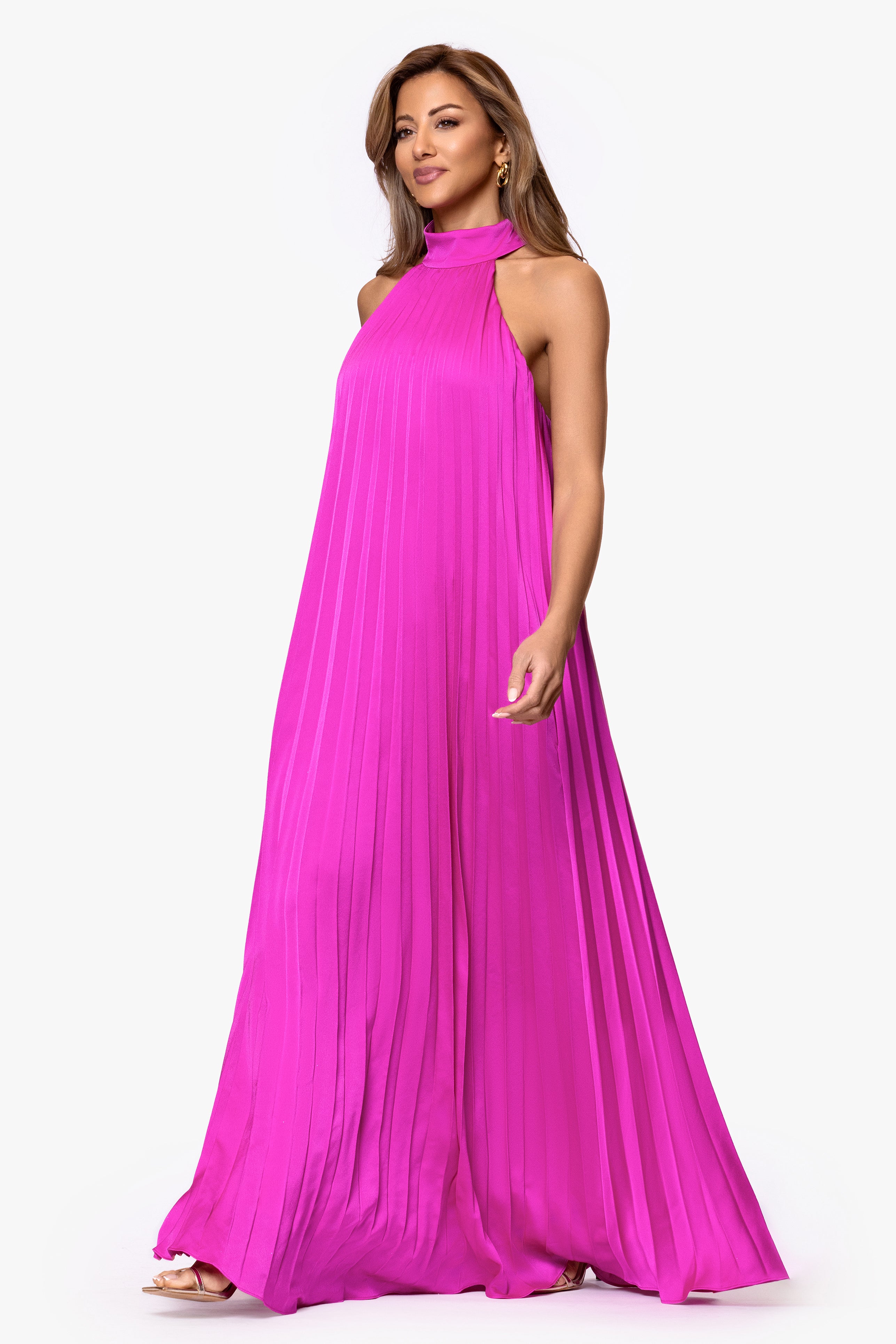 "Klaudine" Satin Mock Neck Floor Length Dress