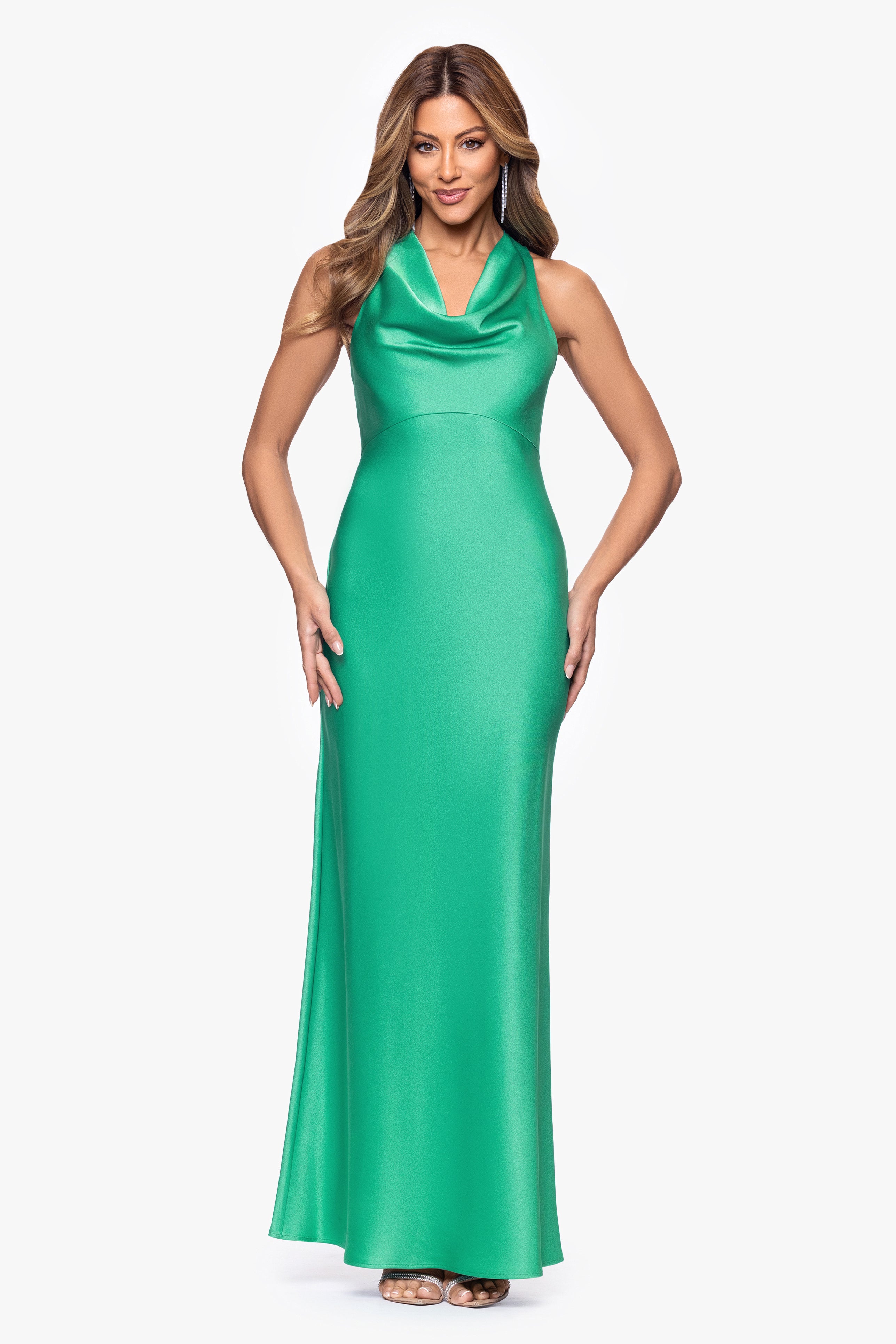 "Veronica" Satin Cowl Neck Floor Length Dress