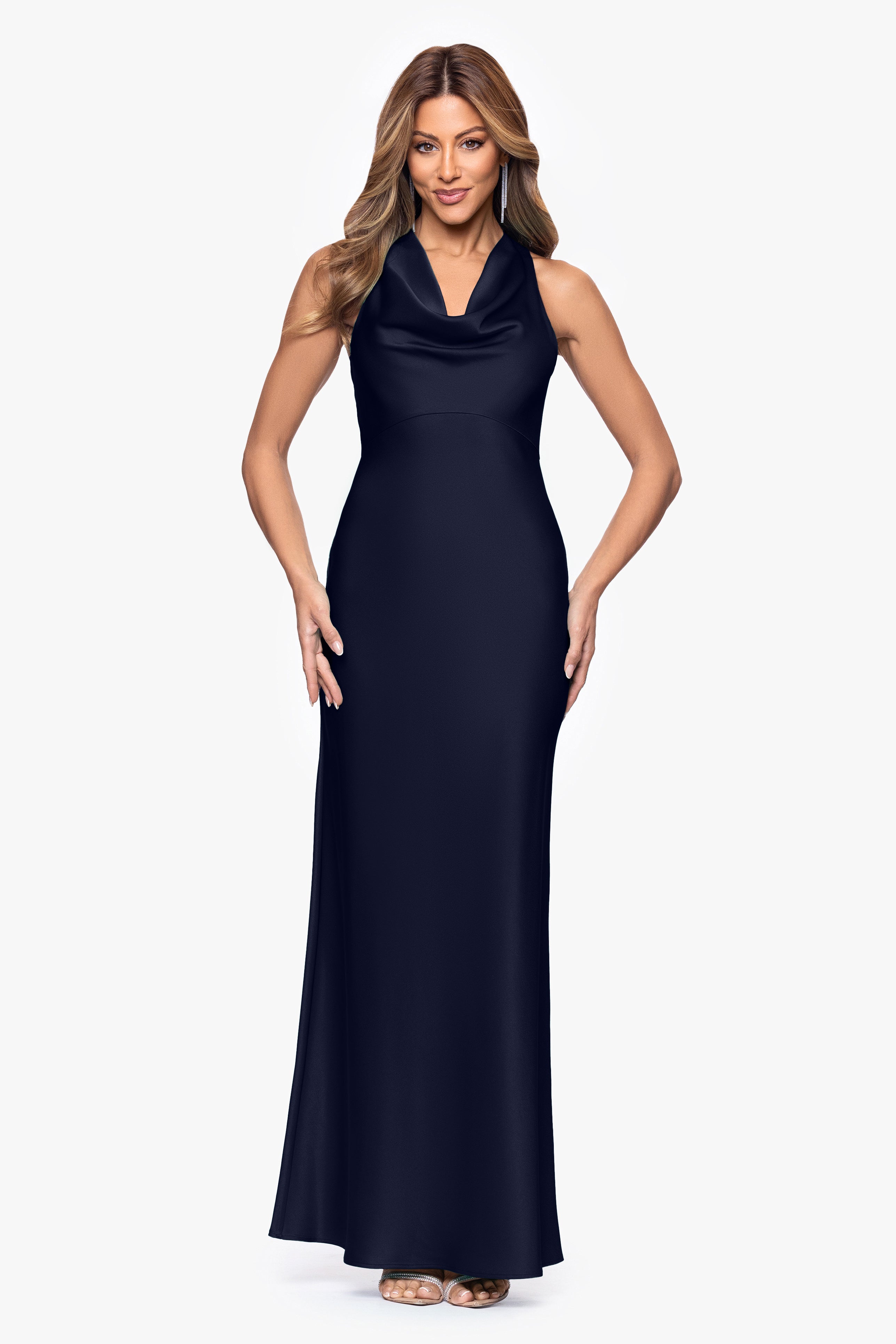 "Veronica" Satin Cowl Neck Floor Length Dress