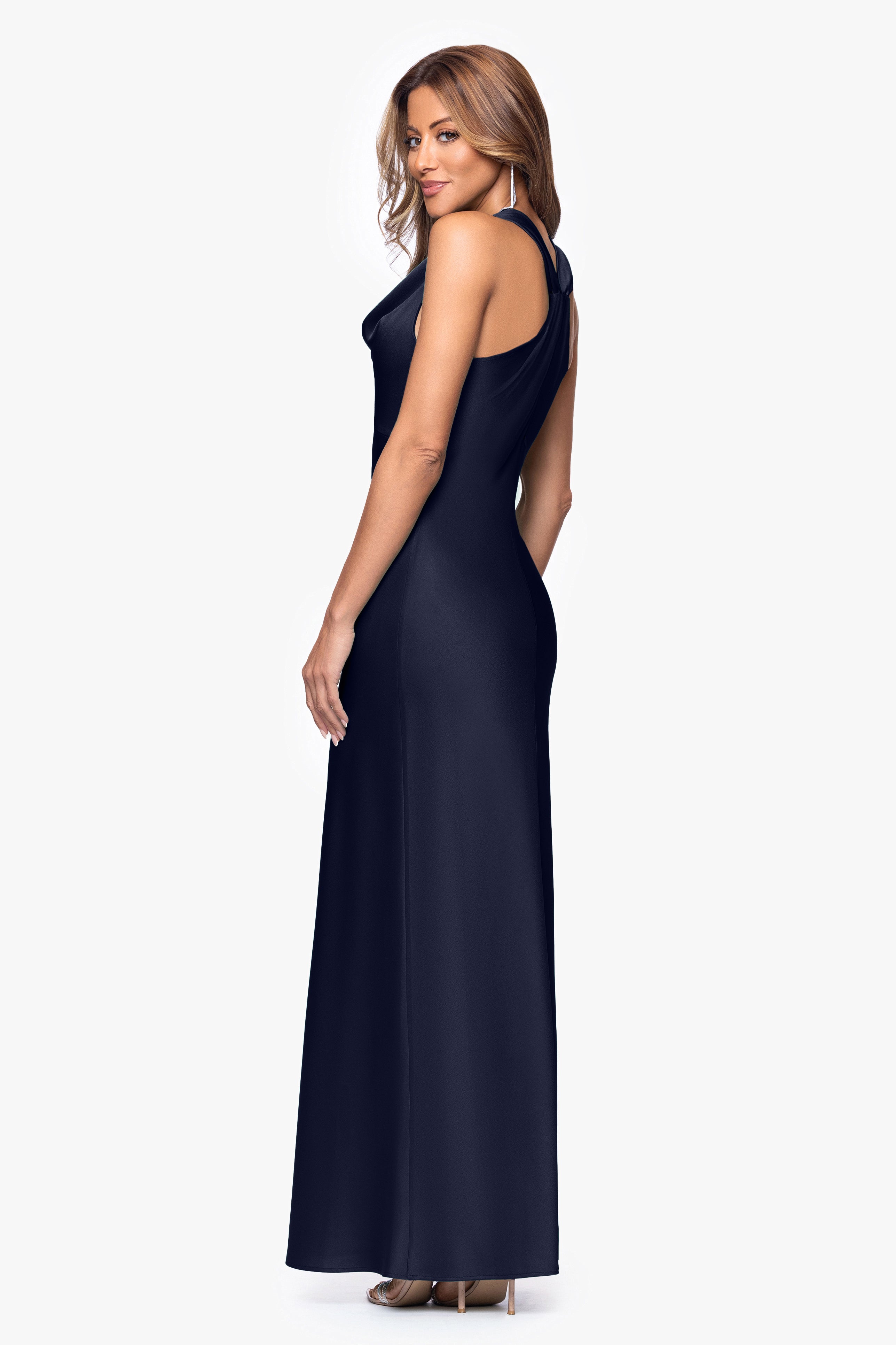 cowl neck floor length dress BABARONI Cowl Neck A-Line Dress With Slit Bronzer Plus Size, Bronzer / US18