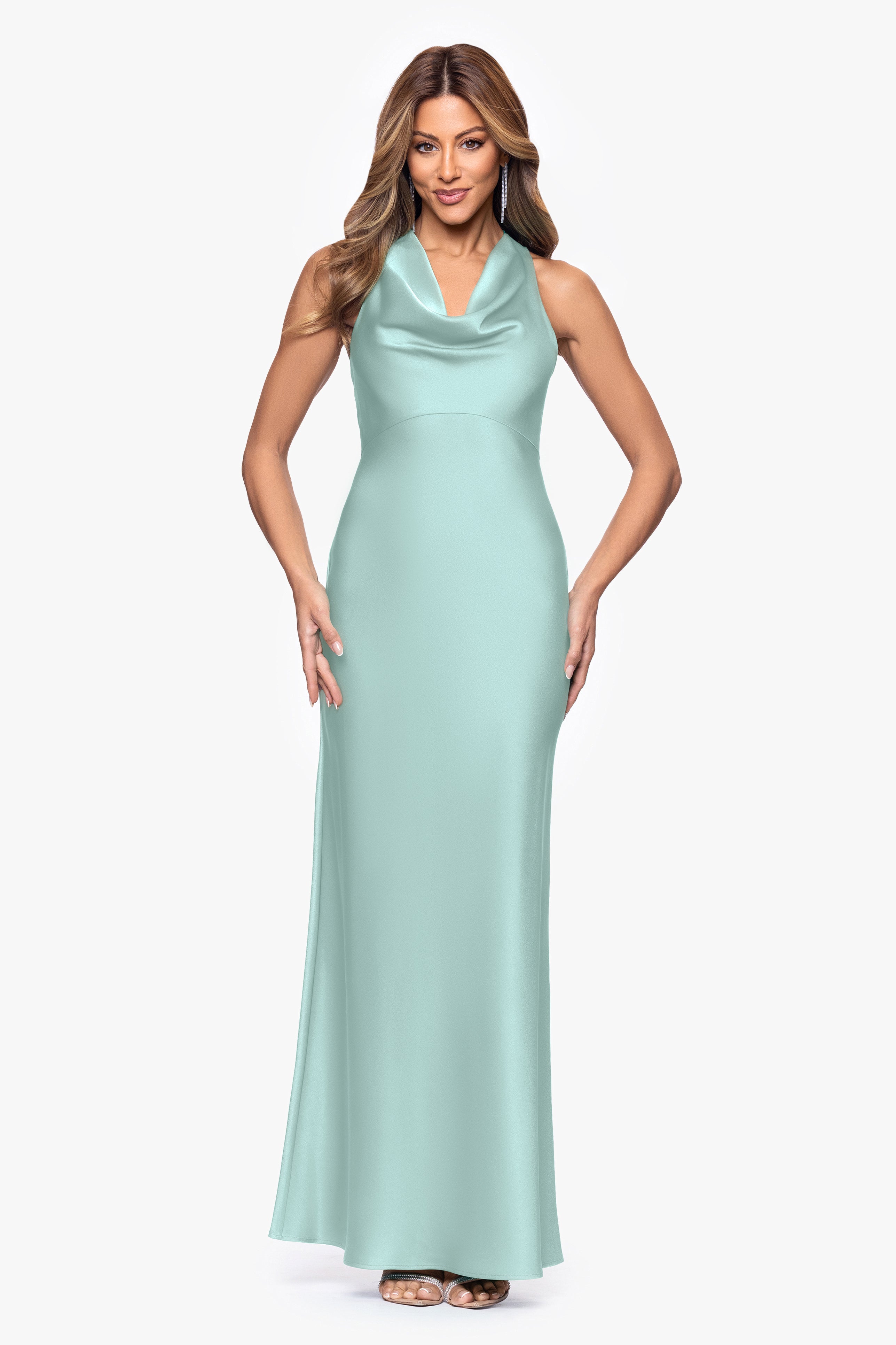 "Veronica" Satin Cowl Neck Floor Length Dress