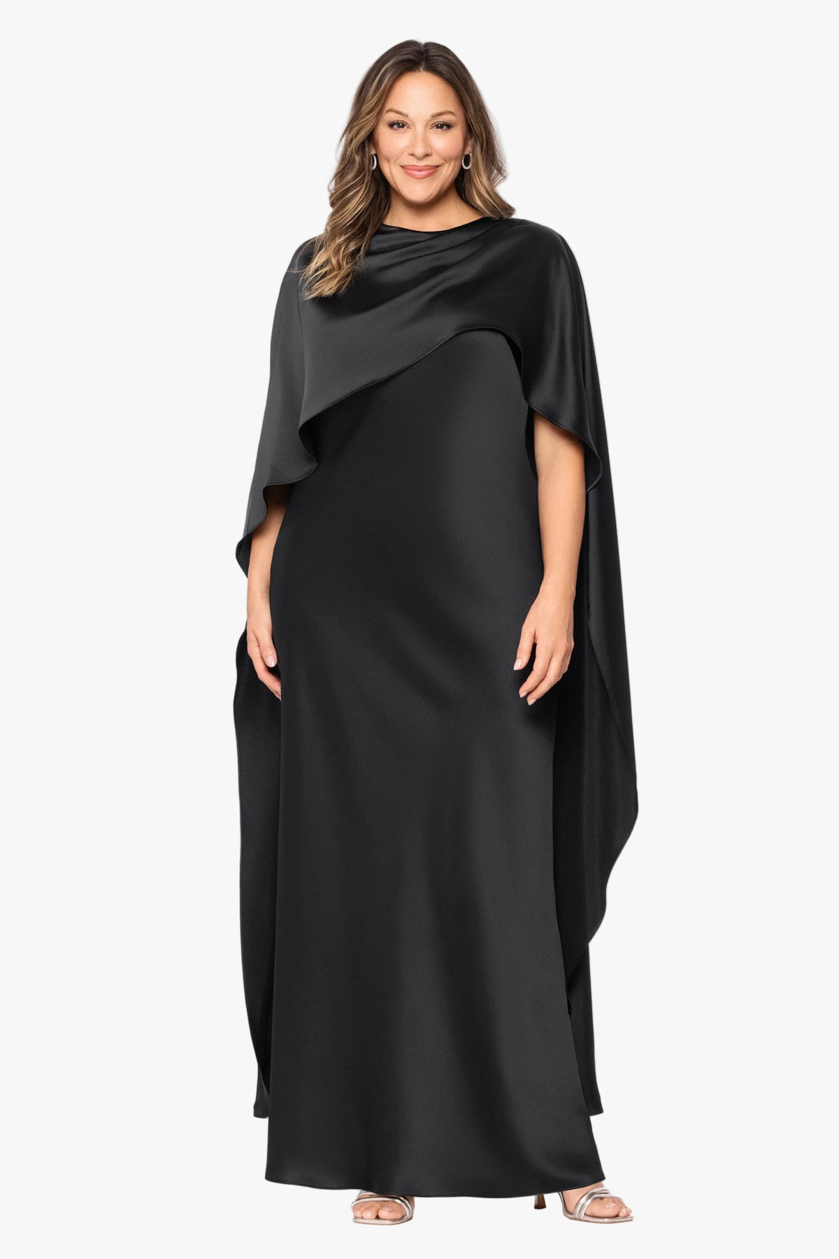 Plus "Tallulah" Satin Overlay Cape Dress