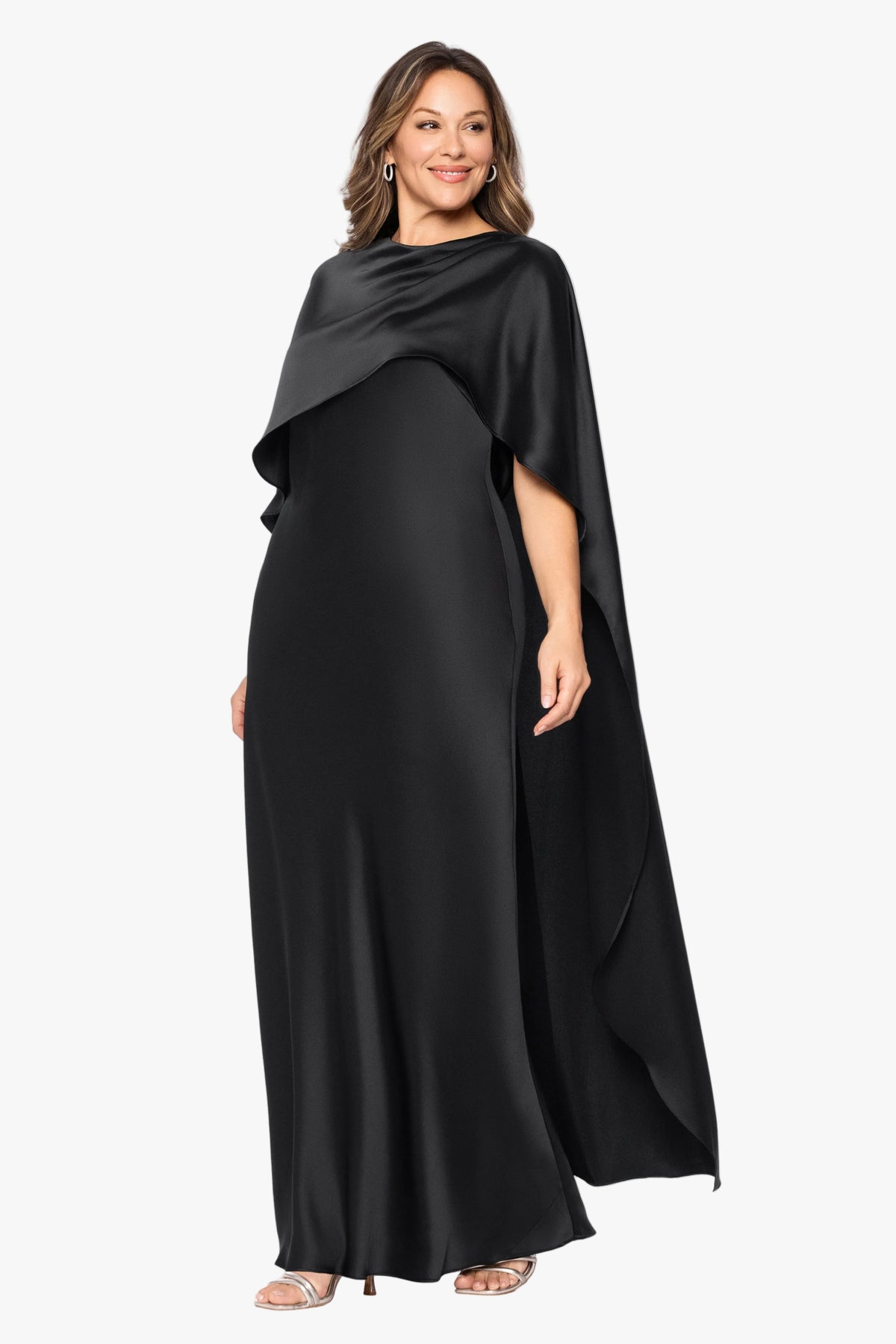 Plus "Tallulah" Satin Overlay Cape Dress