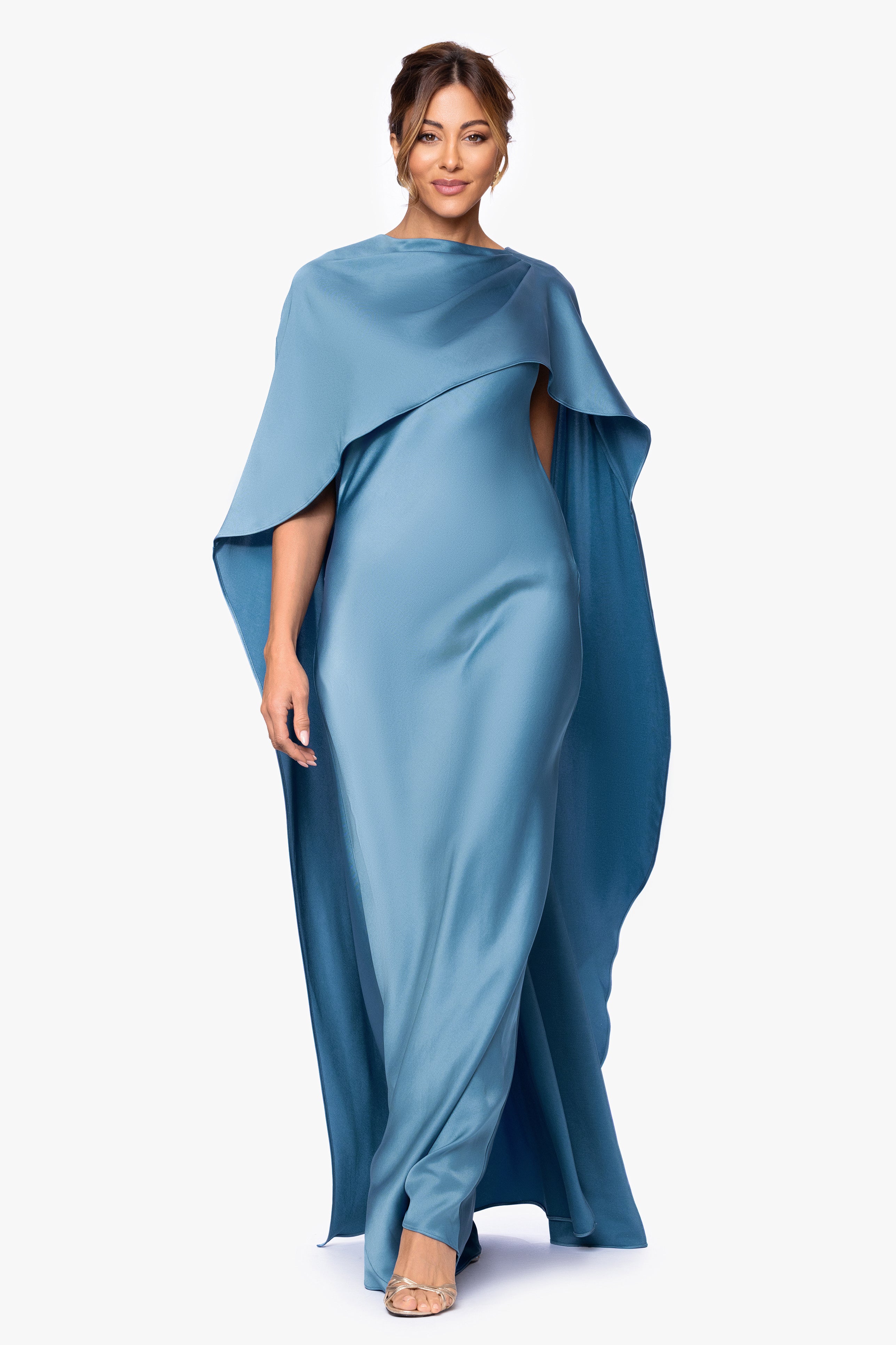 "Tallulah" Satin Overlay Cape Floor Length Dress