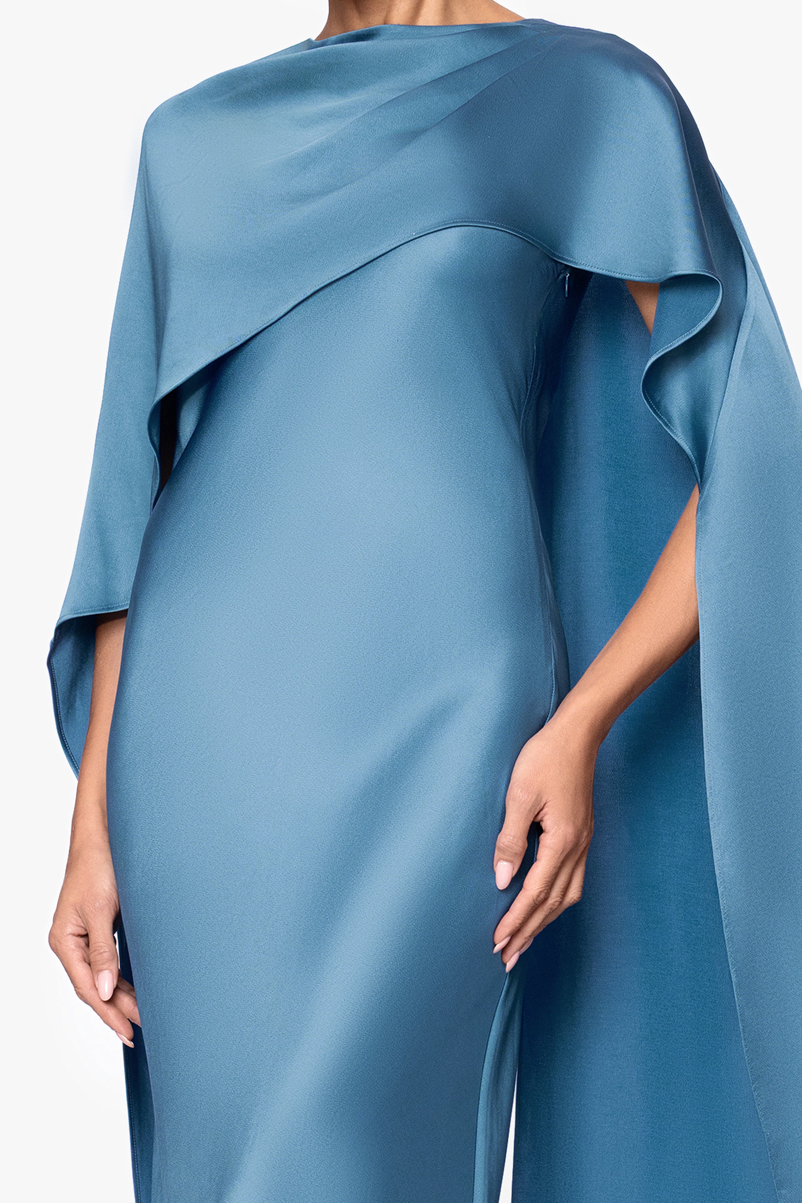 "Tallulah" Satin Overlay Cape Floor Length Dress