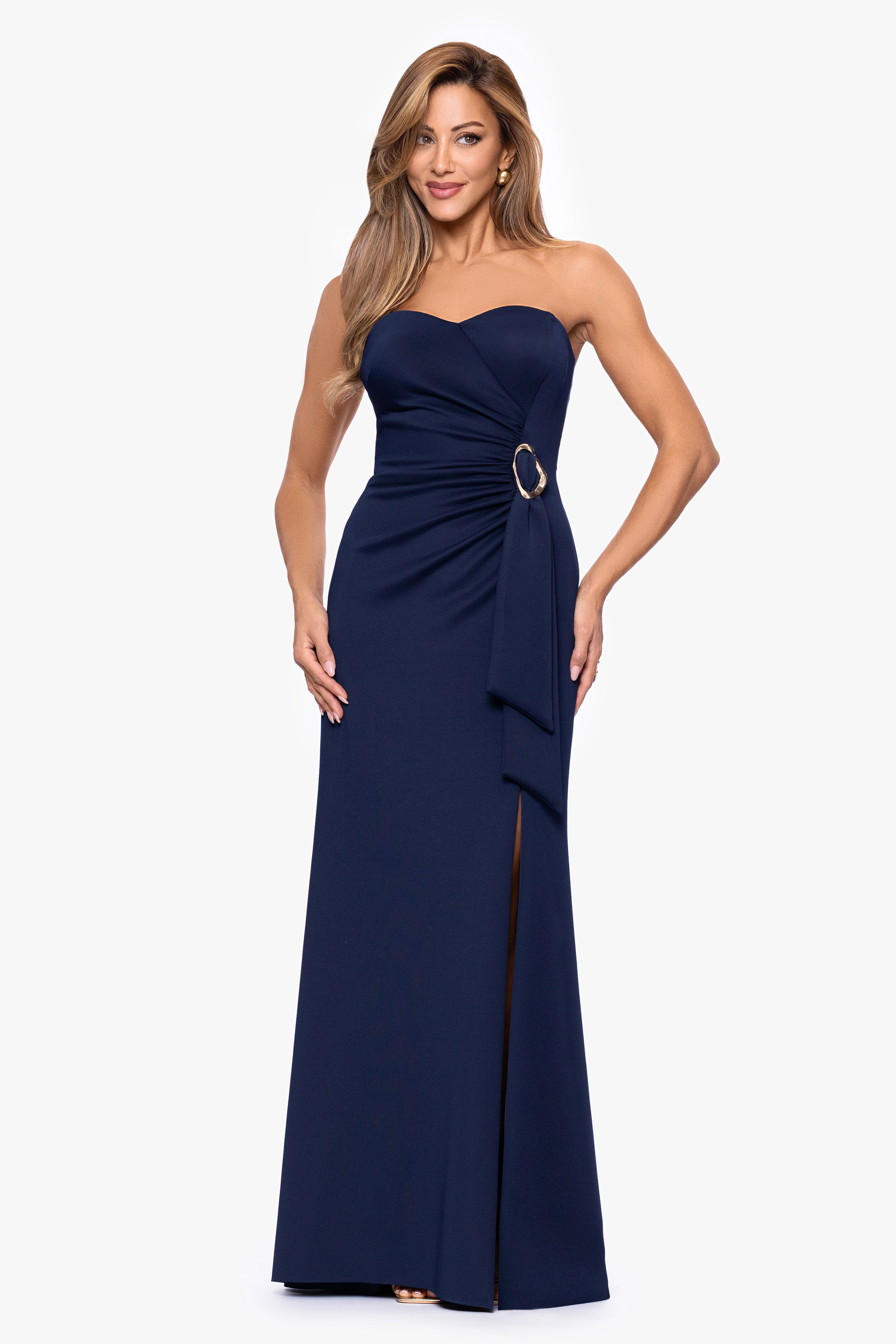 "Ayla" Techno Scuba Strapless Floor Length Dress