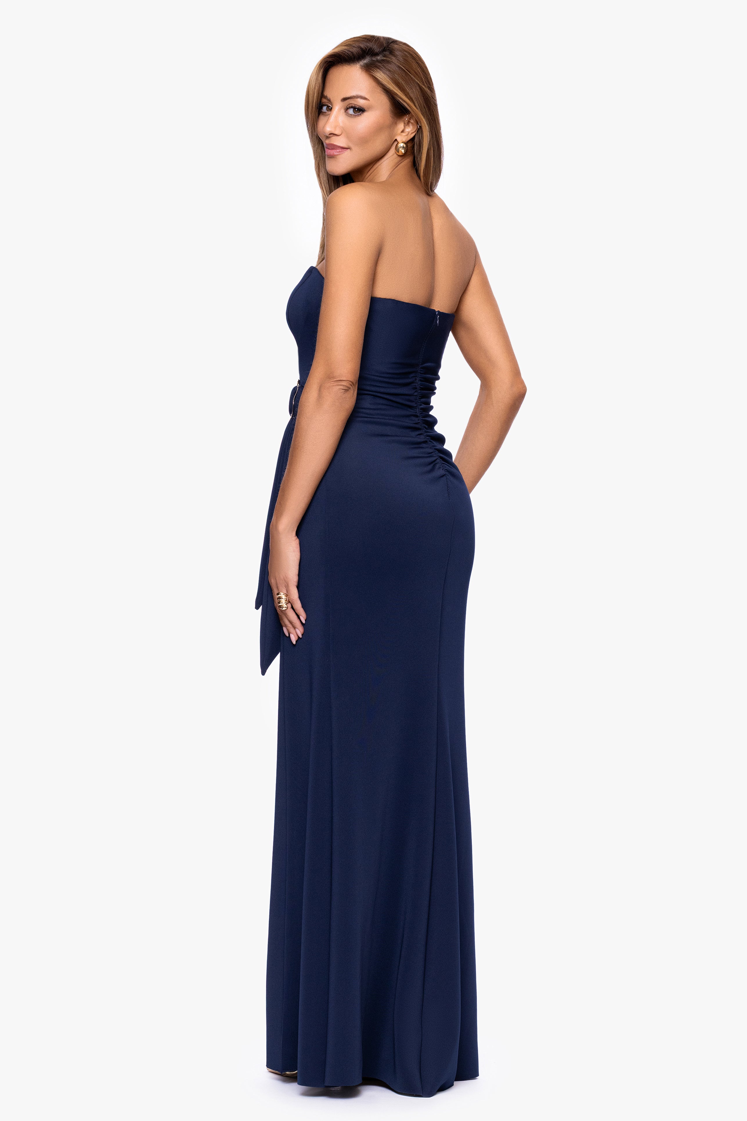 "Ayla" Techno Scuba Strapless Floor Length Dress