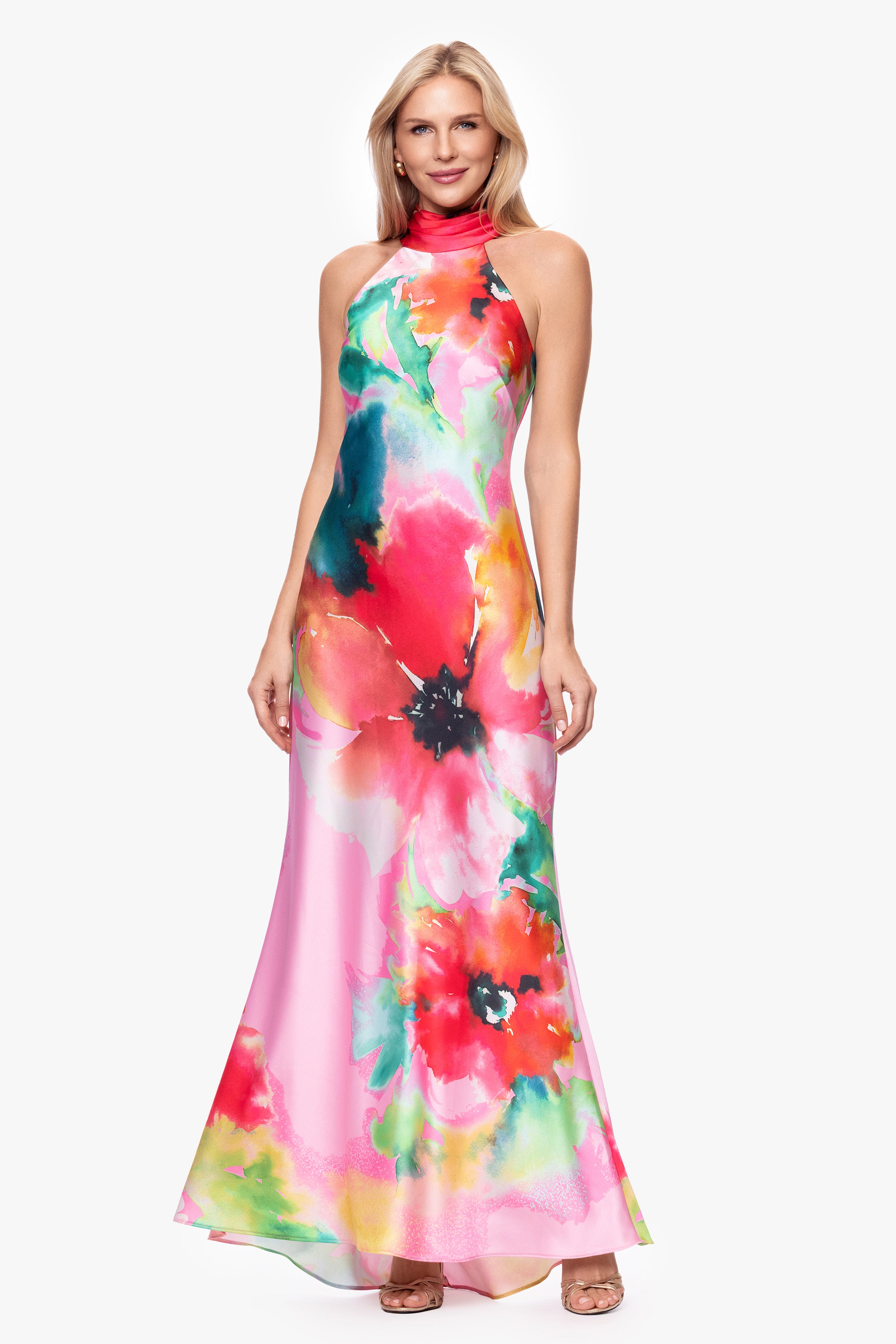 "Poppy" Print Satin Halter Floor Length Dress