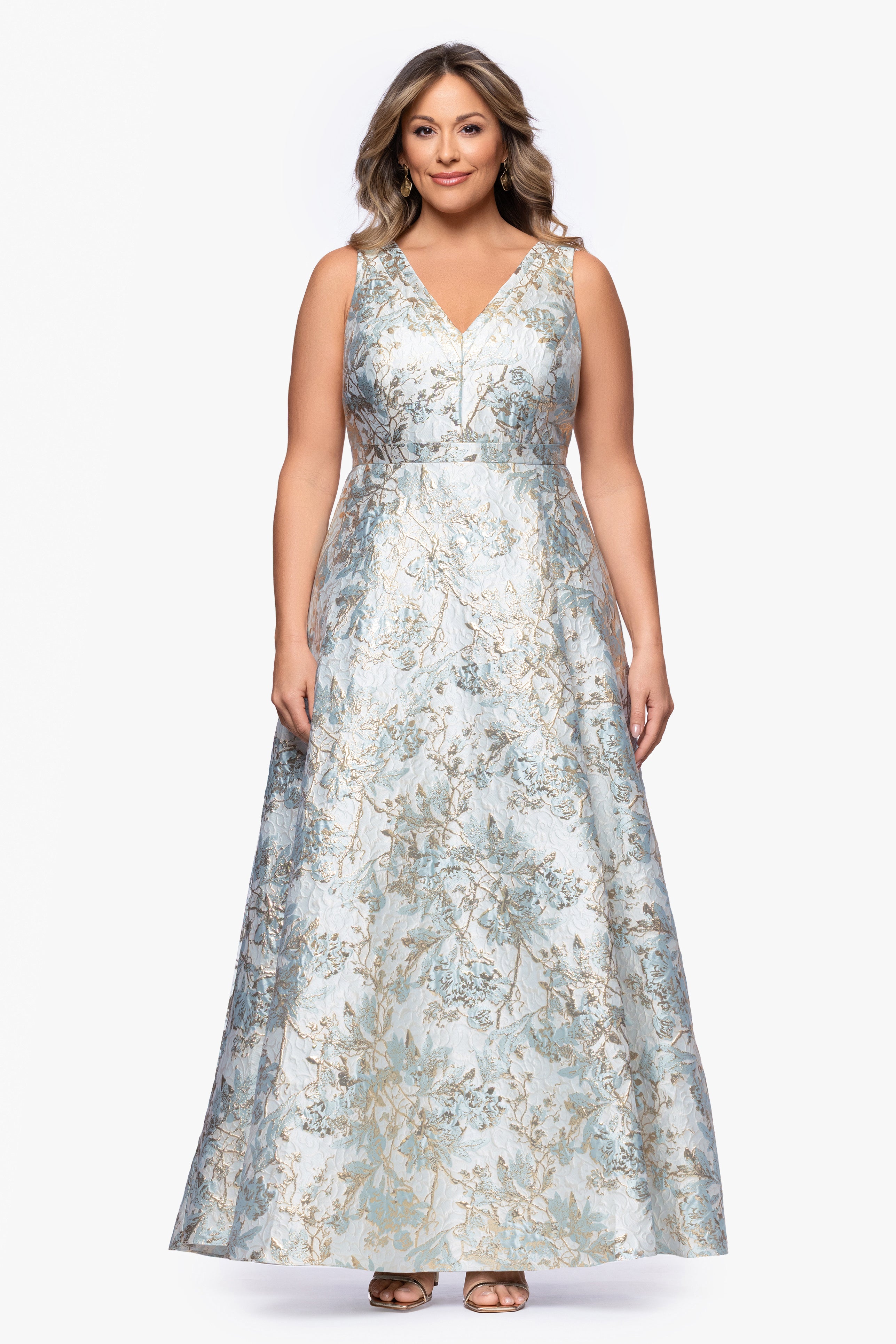 Xscape Plus Size V-Neck Glitter Brocade Long Ball Gown - Sage Gold - 22W Xscape Plus Size V-Neck Glitter Brocade Long Ball Gown - Sage Gold - 22W