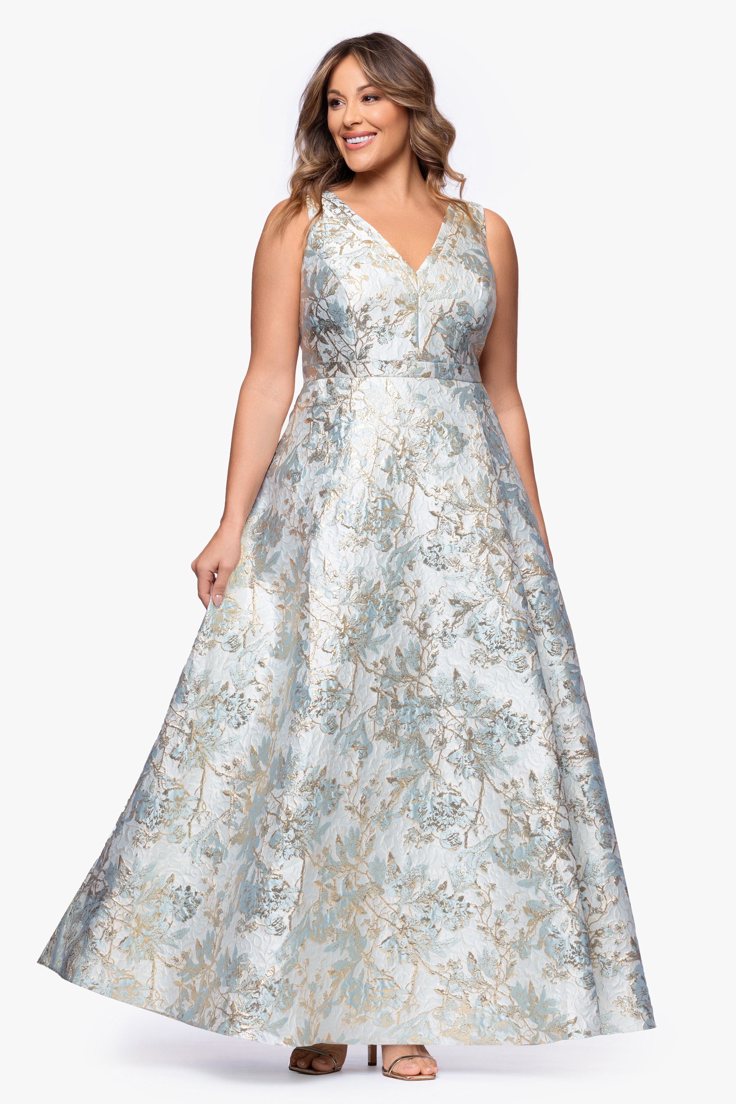 Xscape Plus Size V-Neck Glitter Brocade Long Ball Gown - Sage Gold