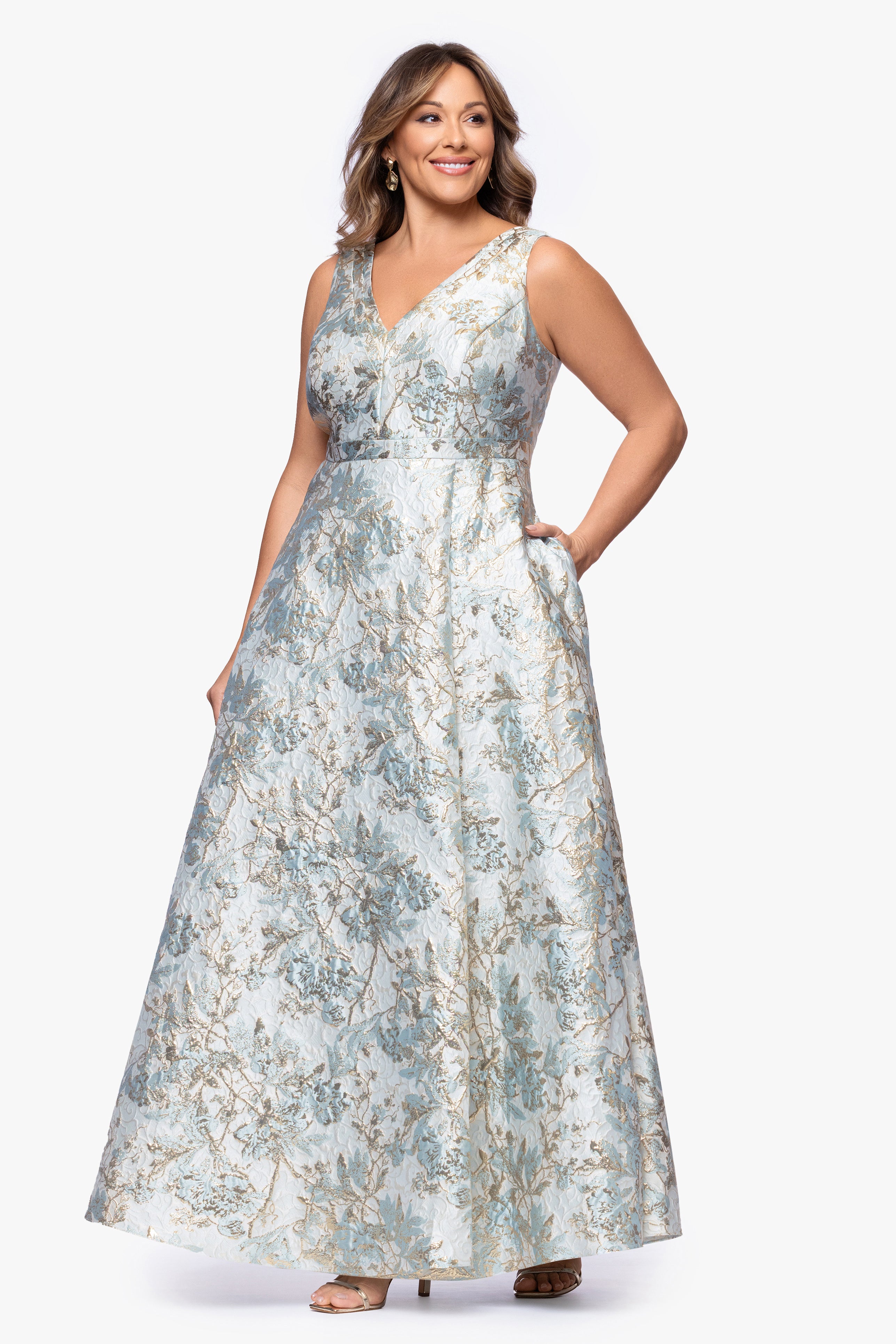 Xscape Plus Size V-Neck Glitter Brocade Long Ball Gown - Sage Gold