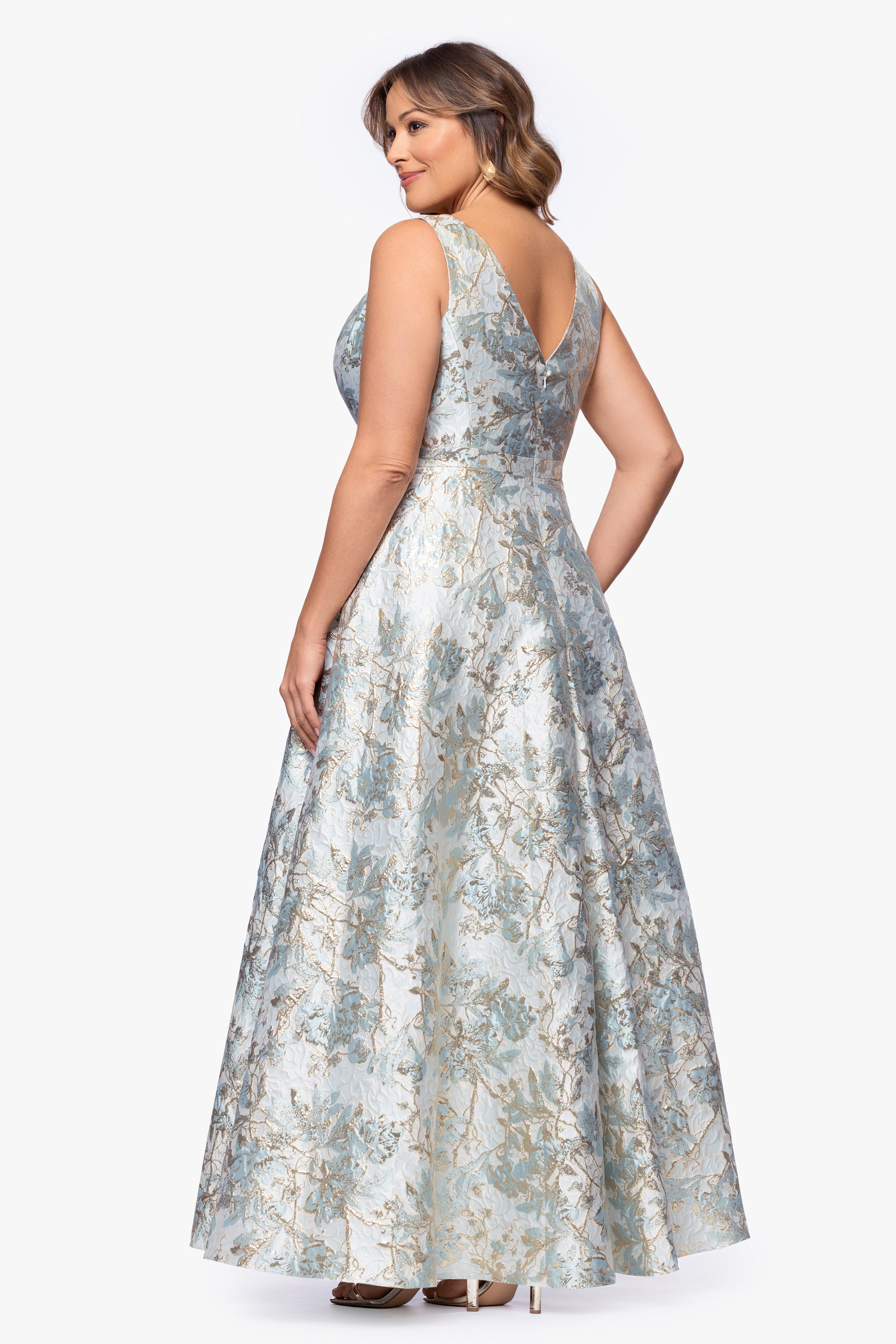 slim fit dress slacks Xscape Plus Size V-Neck Glitter Brocade Long Ball Gown - Sage Gold