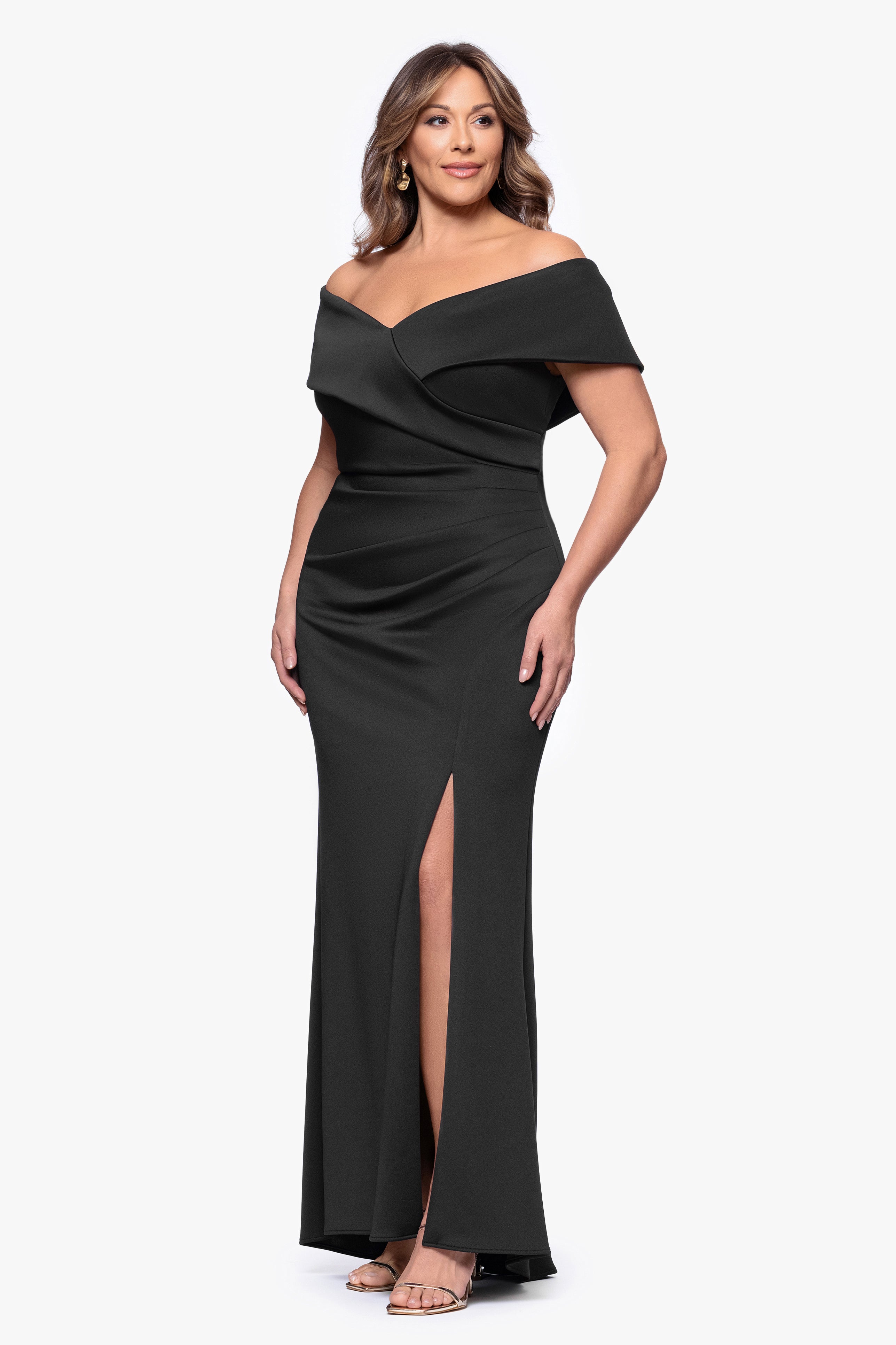 Plus "Skye" Techno Scuba Off Shoulder Floor Length Dress