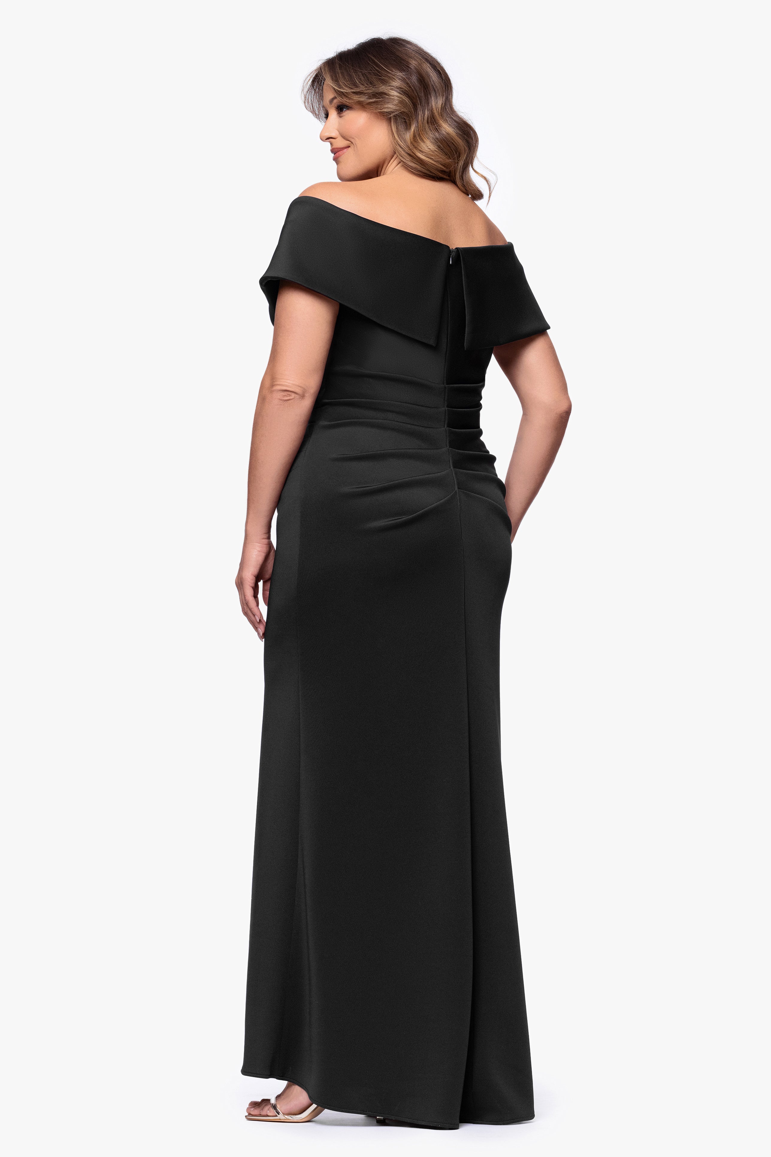 Plus "Skye" Techno Scuba Off Shoulder Floor Length Dress
