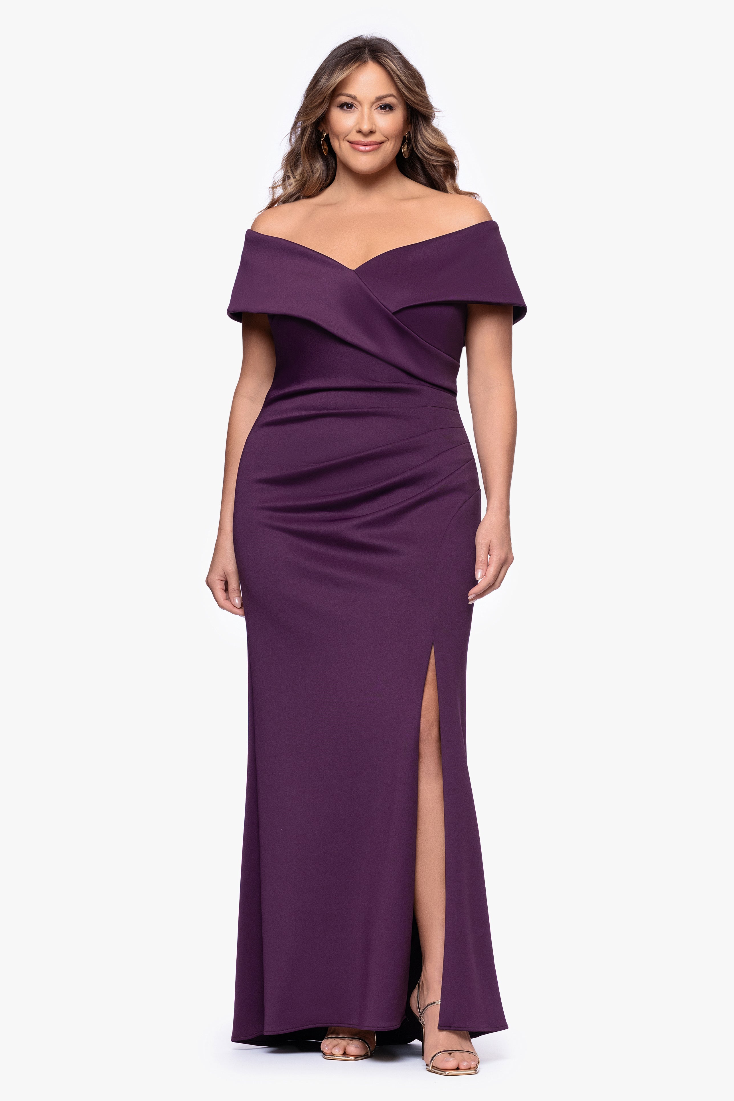 Plus "Skye" Techno Scuba Off Shoulder Floor Length Dress