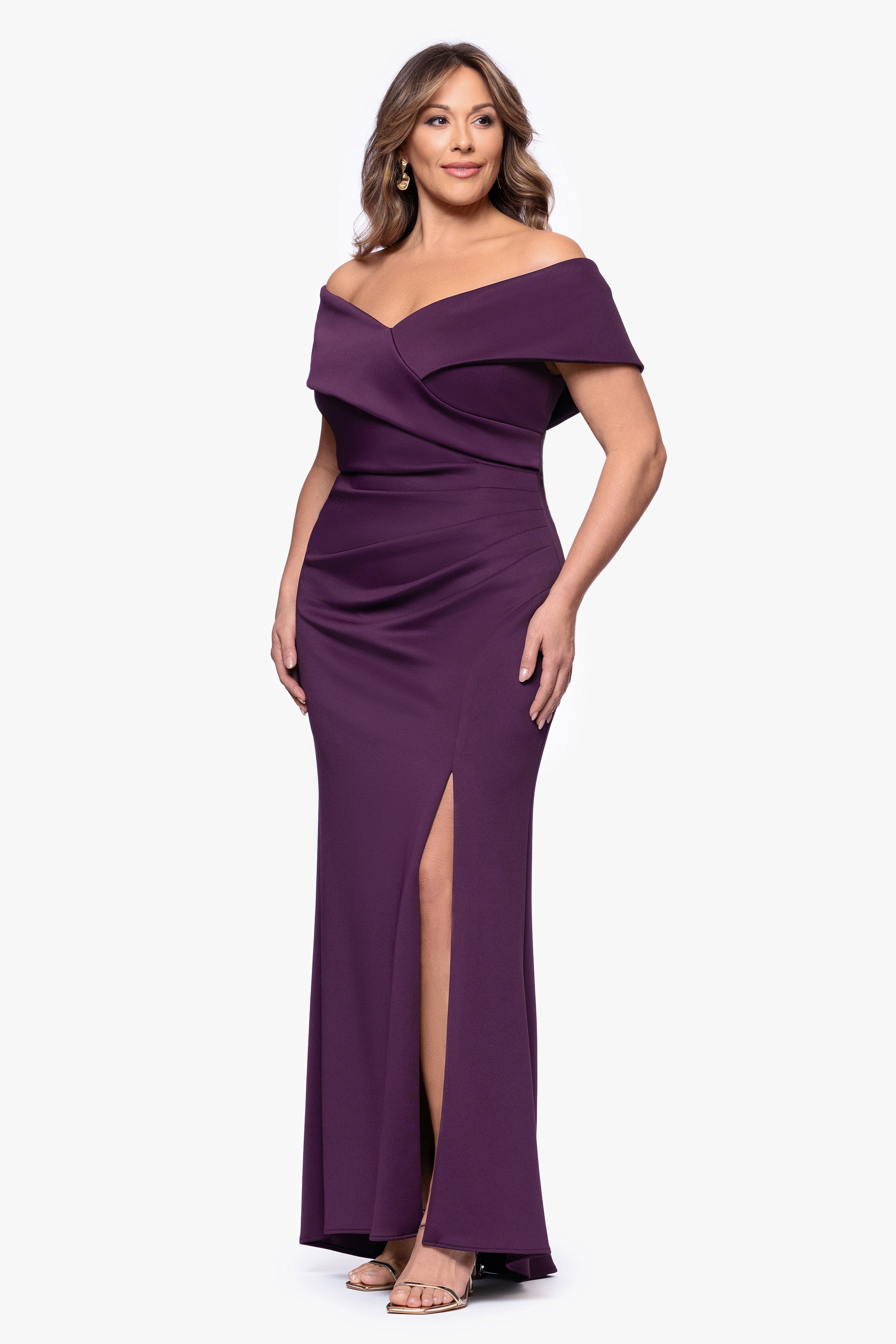 Plus "Skye" Techno Scuba Off Shoulder Floor Length Dress