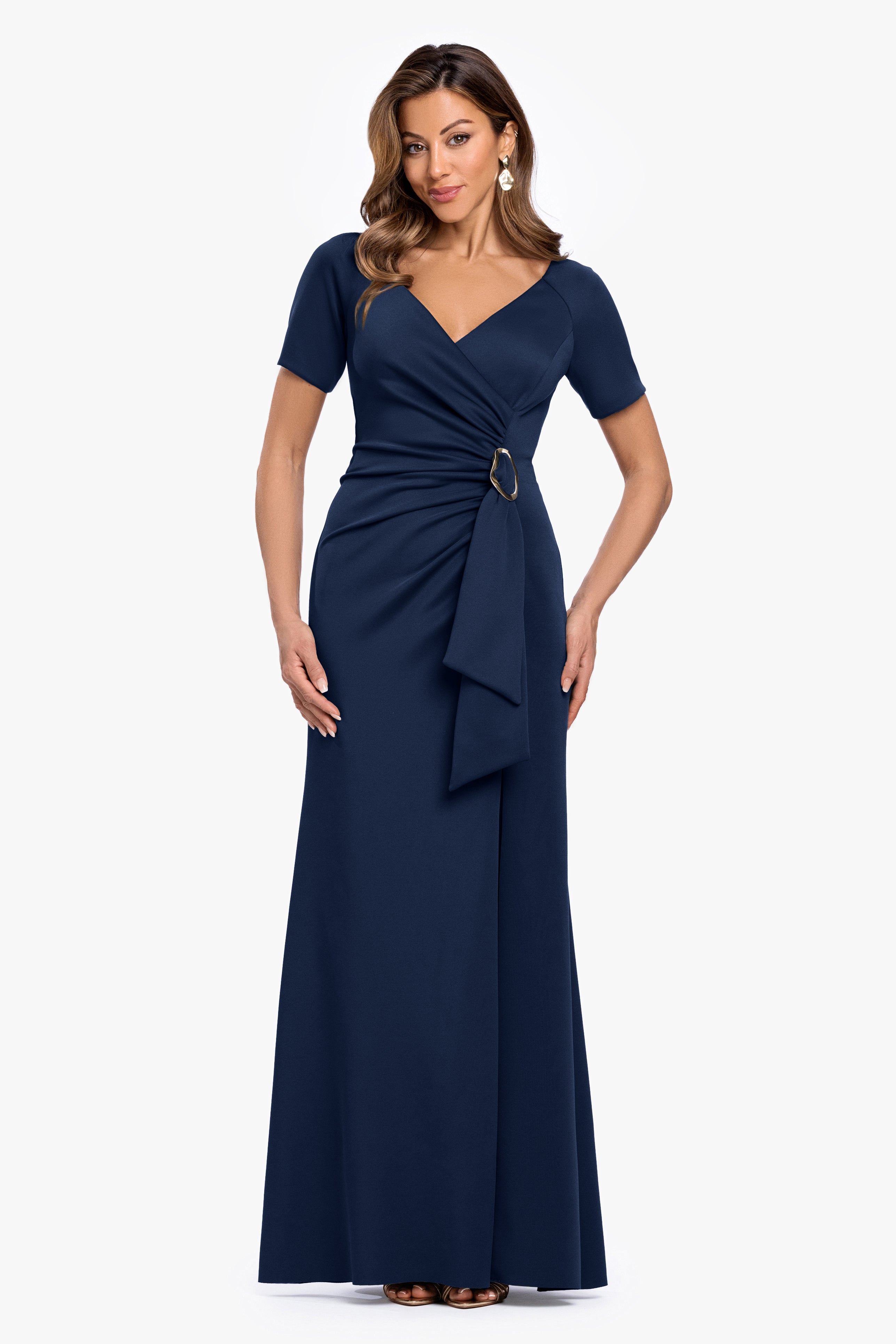 "Jaslene" Techno Scuba V-Neck Gold Detail Dress