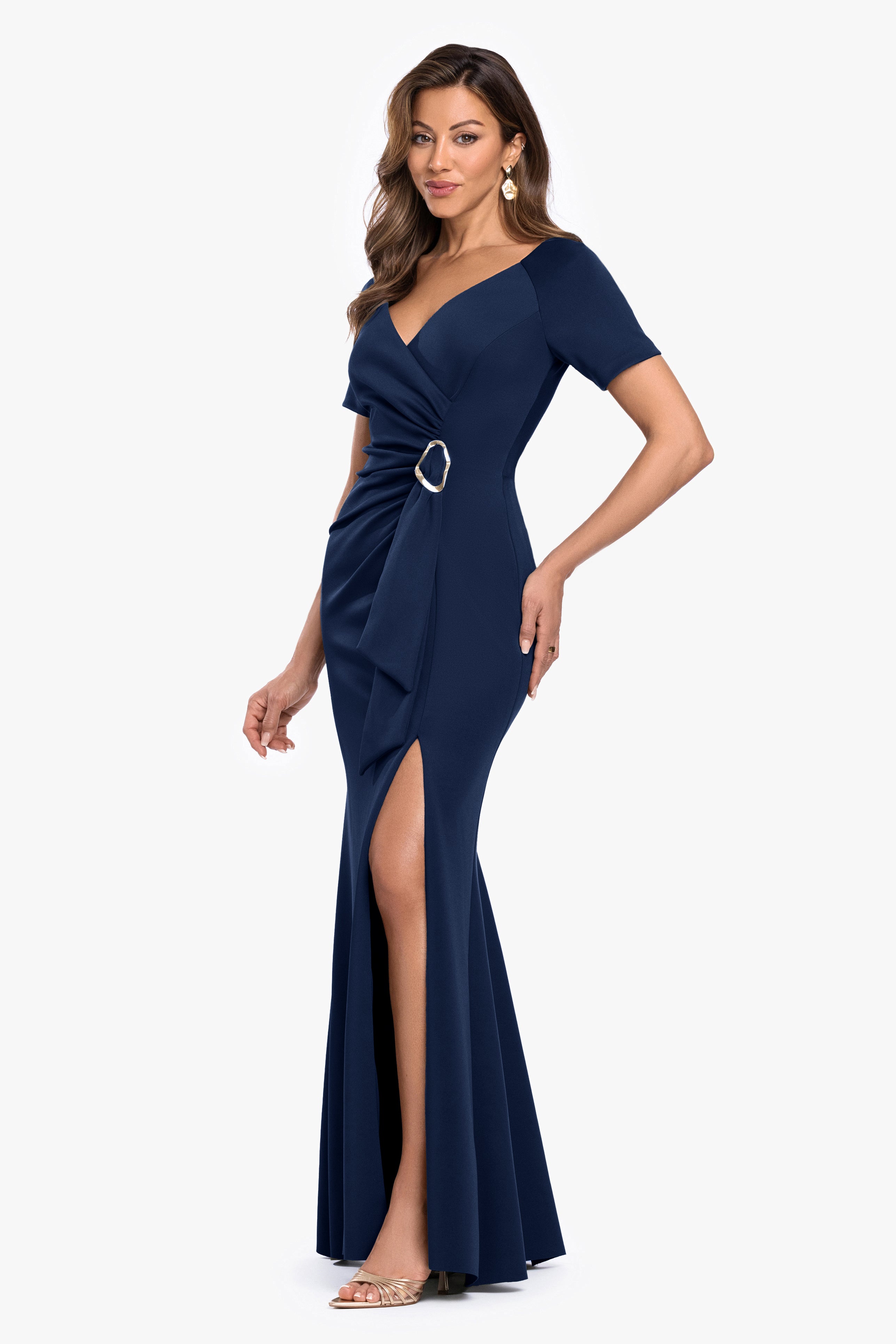 "Jaslene" Techno Scuba V-Neck Gold Detail Dress