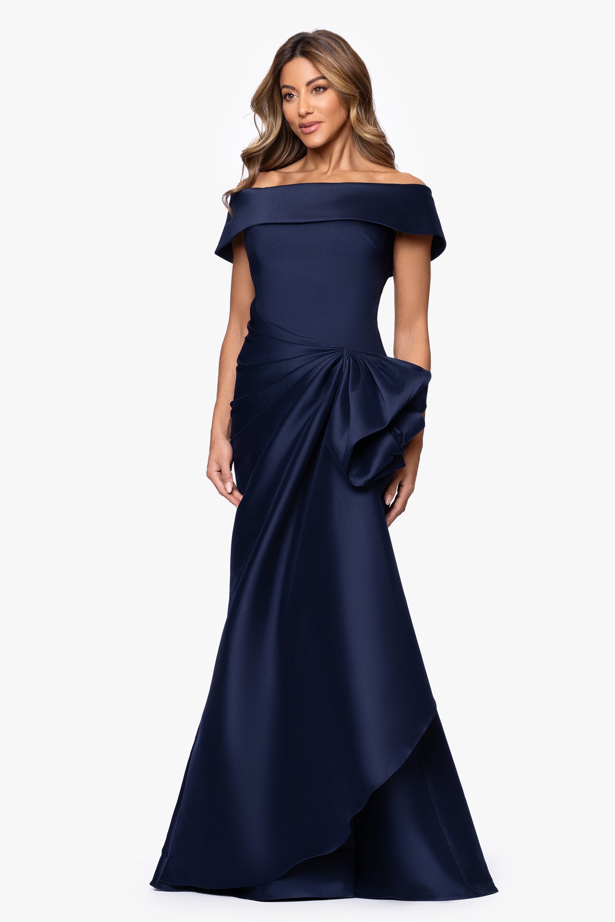 "Holly" Stretch Mikado Off Shoulder Ruffle Dress