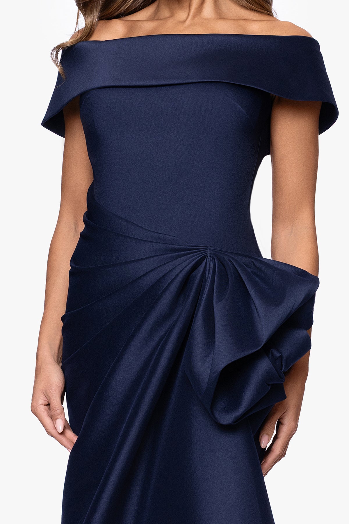 "Holly" Stretch Mikado Off Shoulder Ruffle Dress