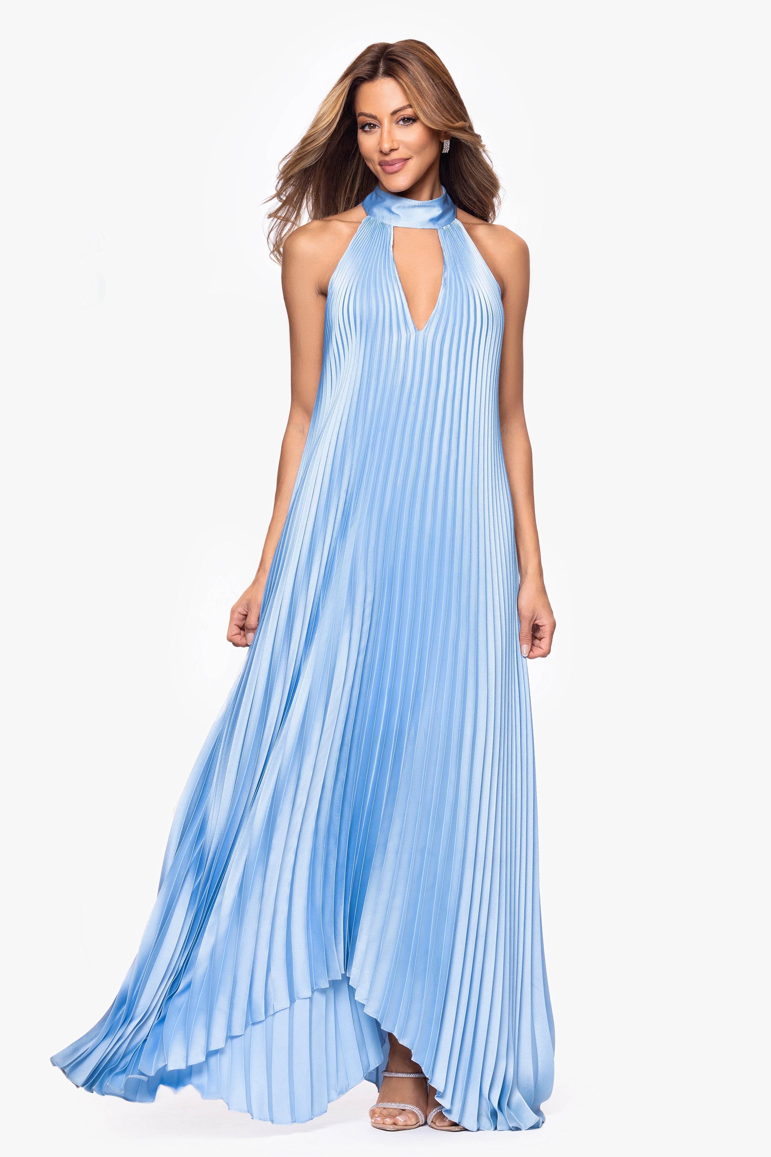 "Rebecca" Satin Pleated Halter High Neck Floor Length Dress
