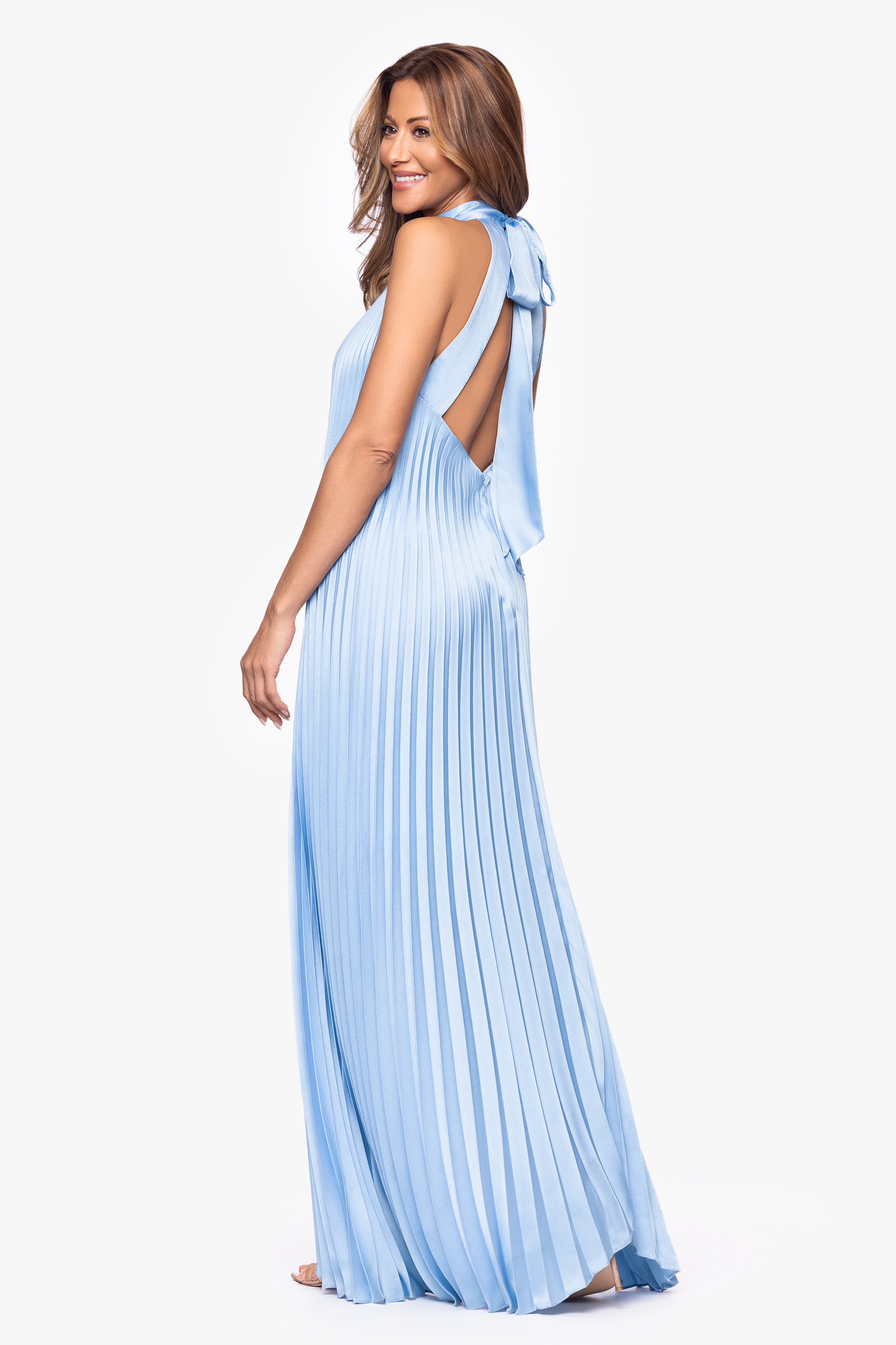 "Rebecca" Satin Pleated Halter High Neck Floor Length Dress