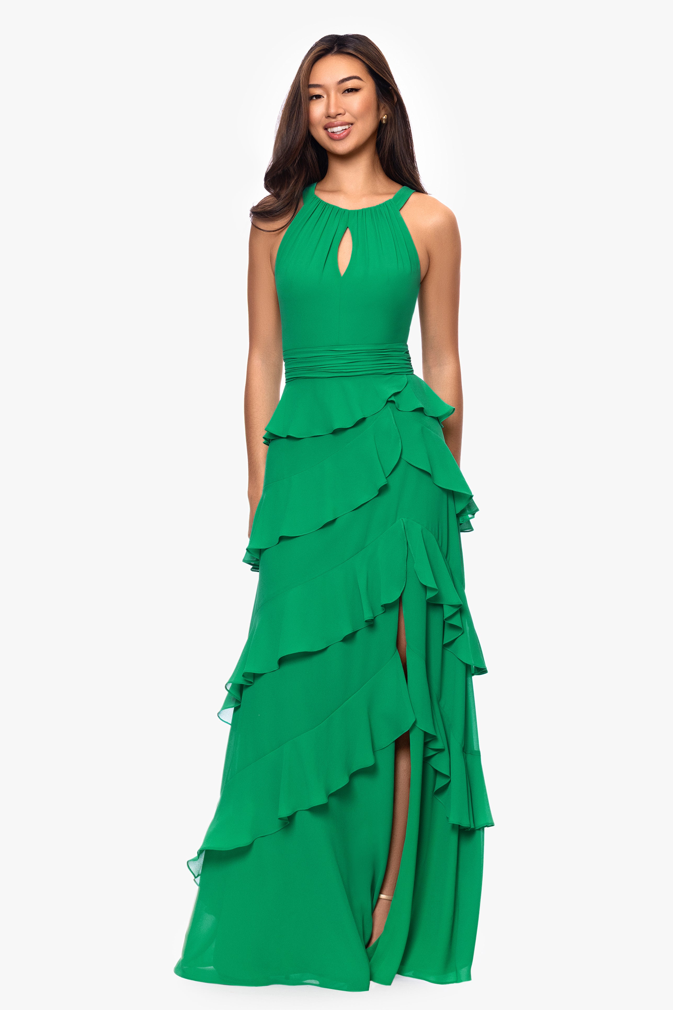 "Emmy" Chiffon Tiered Keyhole Floor Length Dress