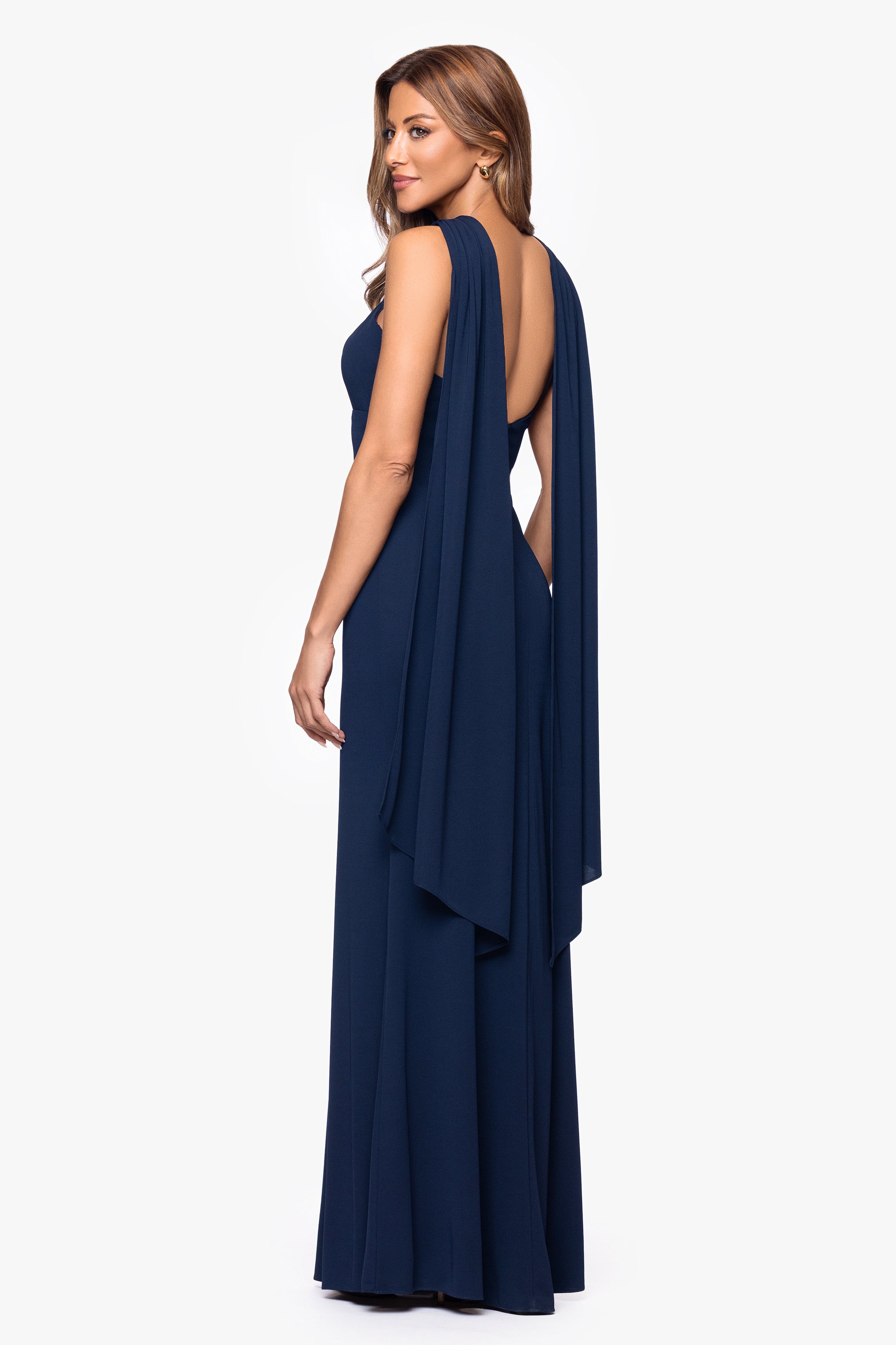 "Vicki" Sheer Jersey Scarf Halter Neck Floor Length Dress