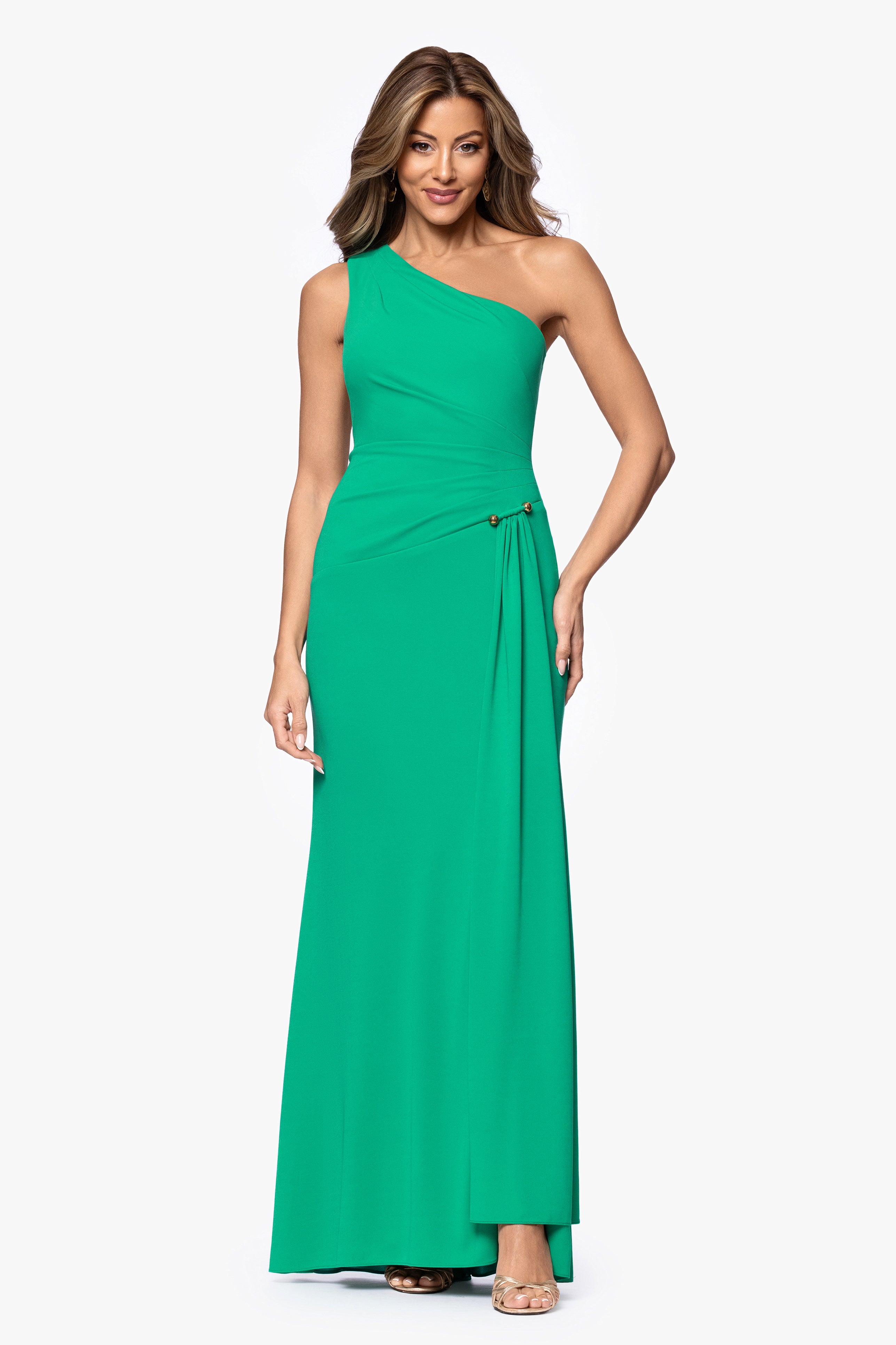 "Caroline" Sheer Jersey One Shoulder With Hardware Floor Length Dress