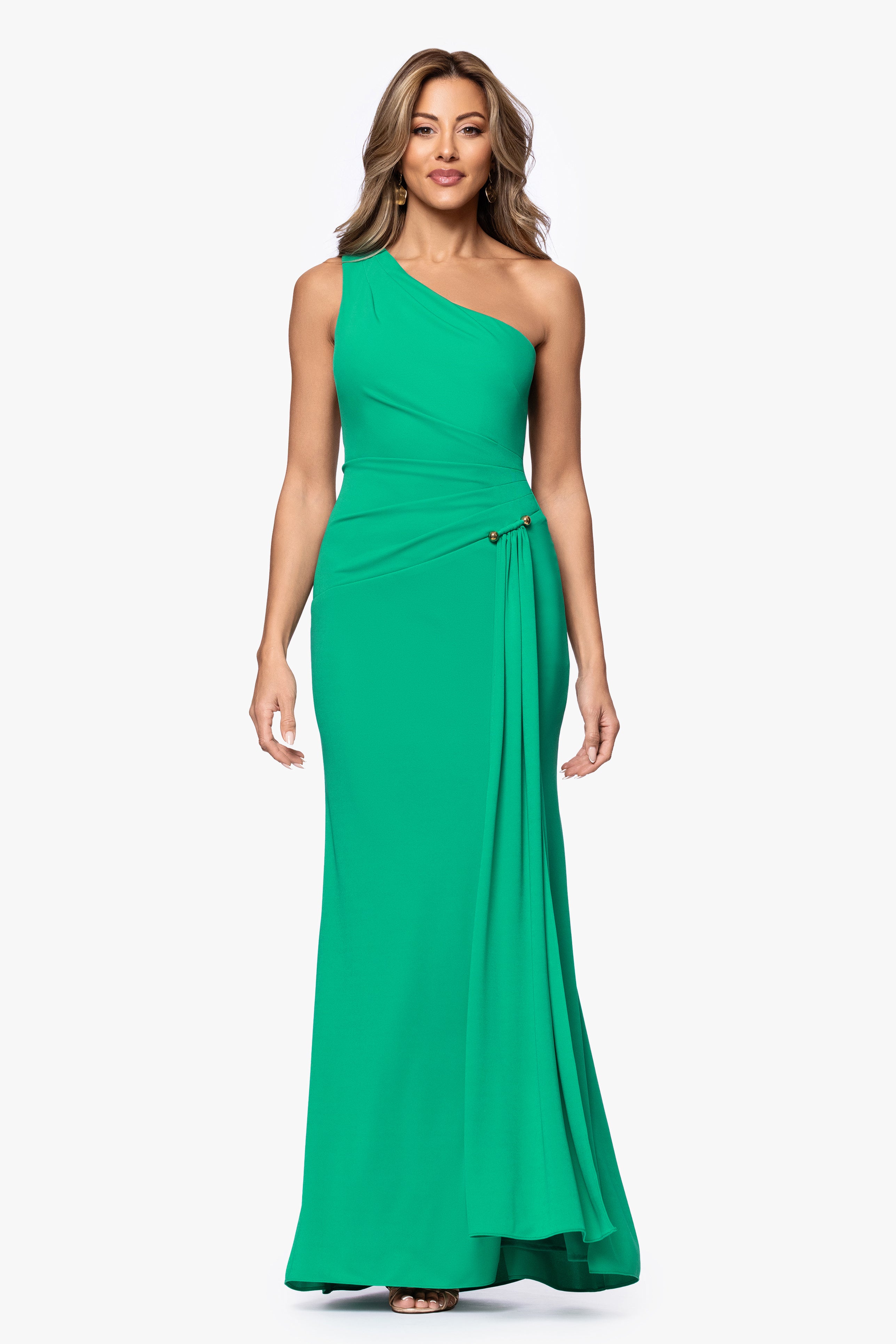 "Caroline" Sheer Jersey One Shoulder With Hardware Floor Length Dress
