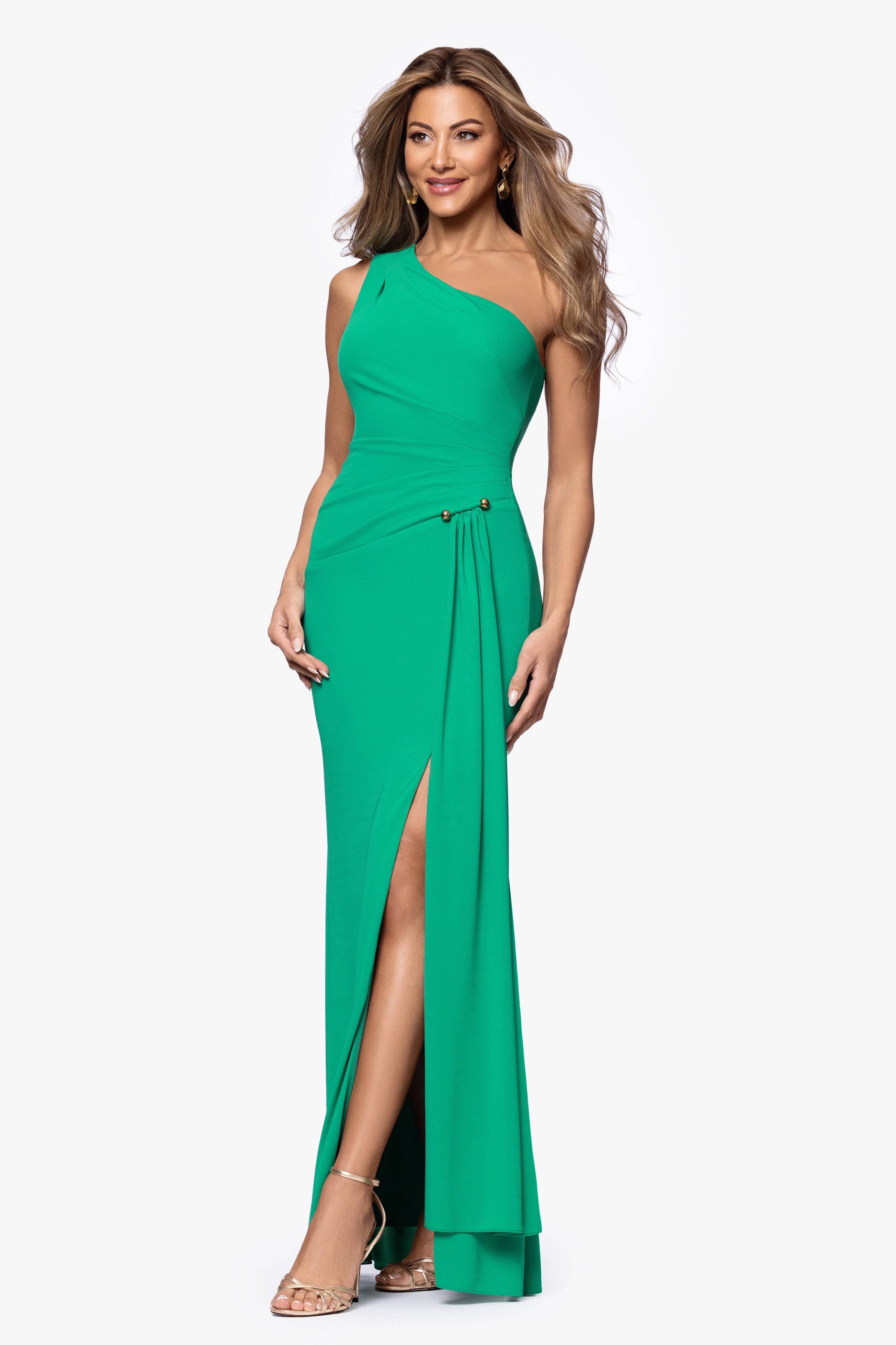 "Caroline" Sheer Jersey One Shoulder With Hardware Floor Length Dress