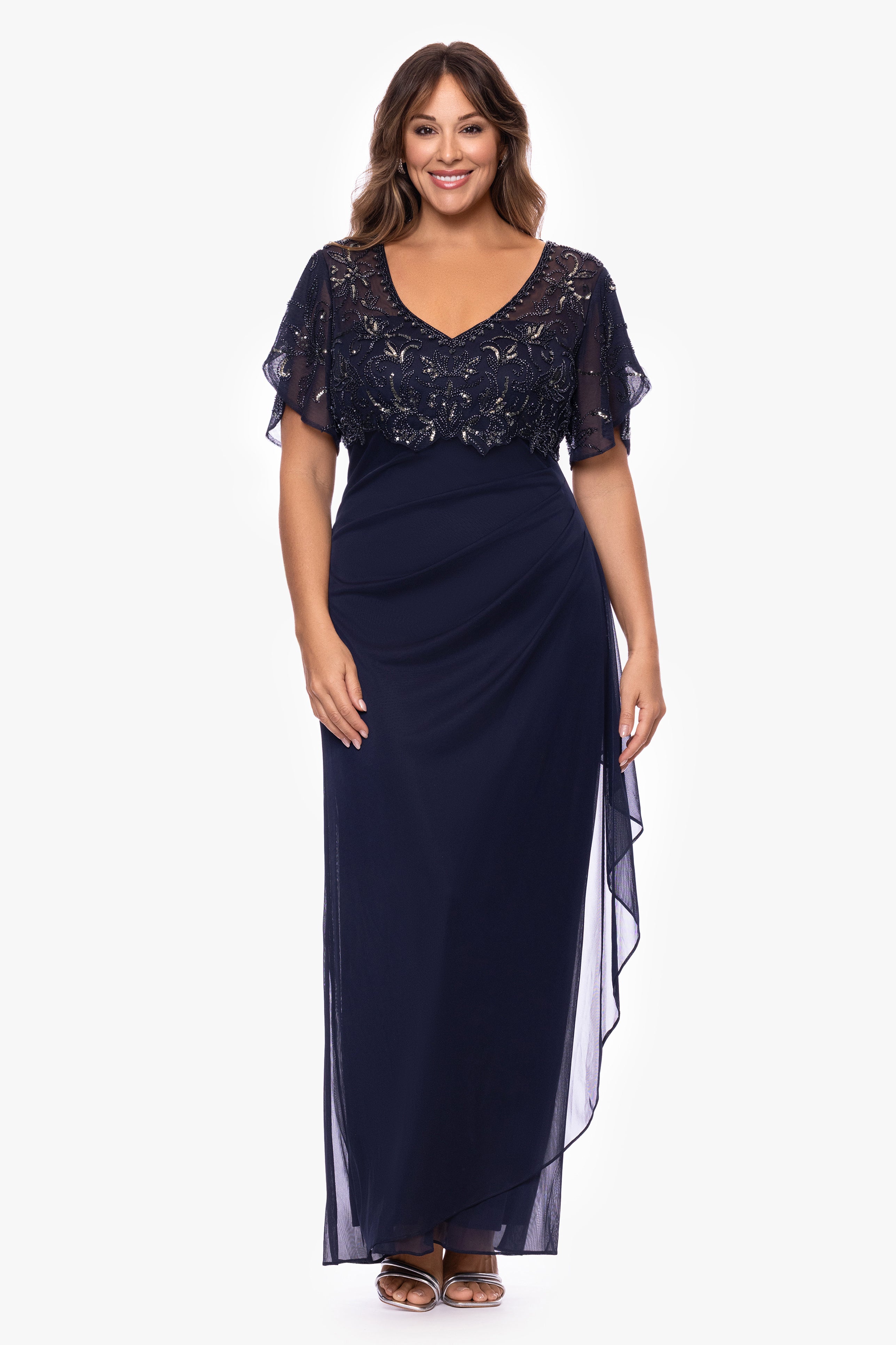 Plus "Giselle" Sheer Jersey Beaded V-Neck Floor Length Dress
