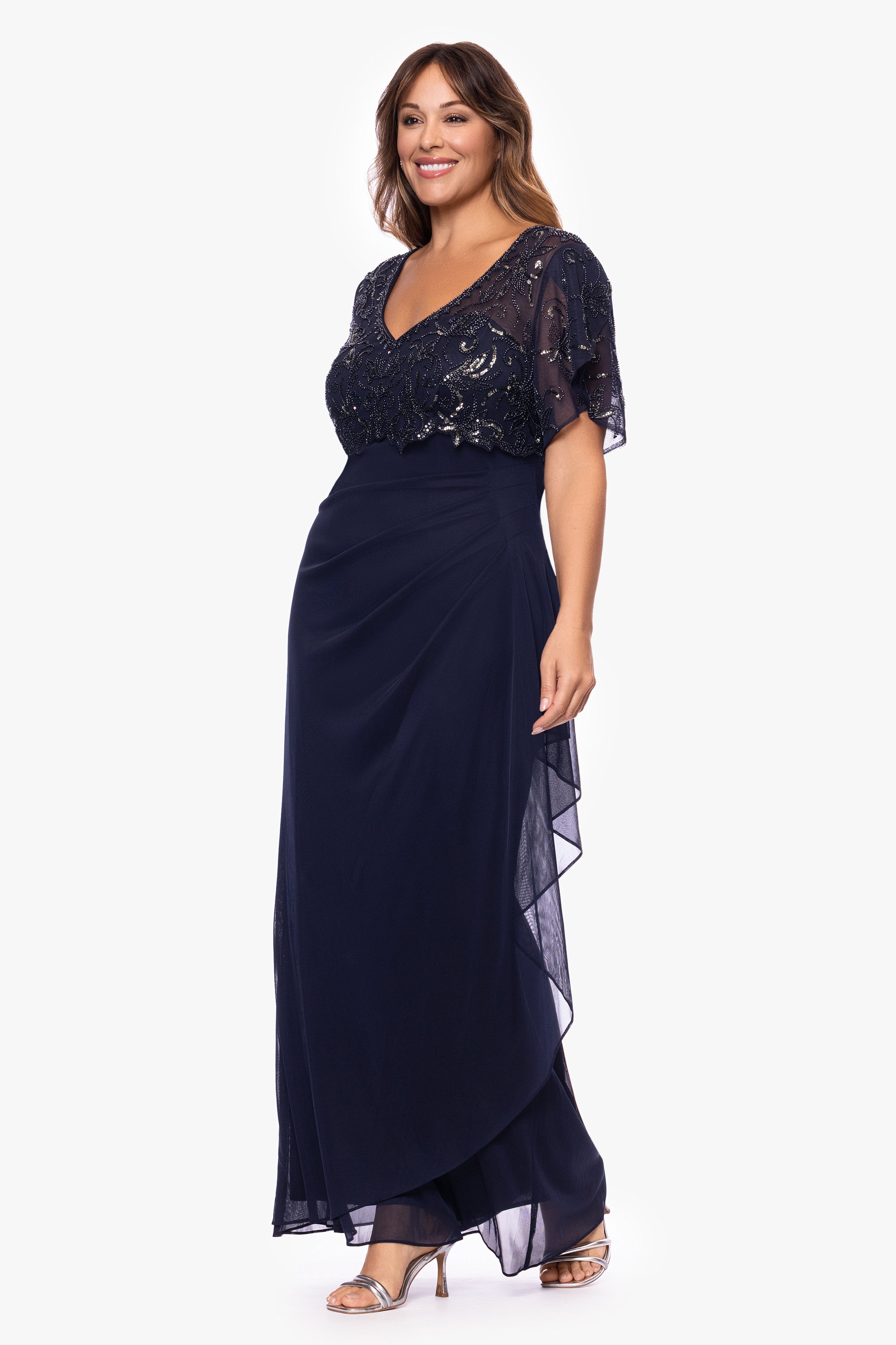 Plus "Giselle" Sheer Jersey Beaded V-Neck Floor Length Dress