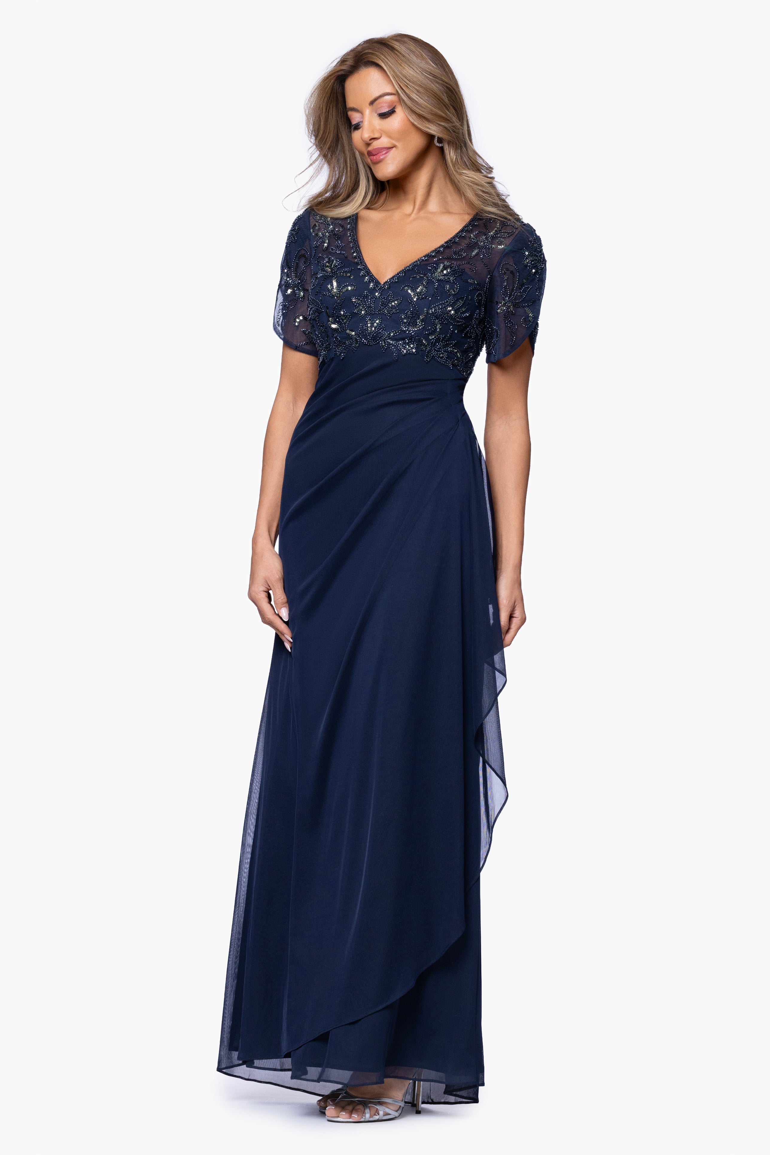 "Giselle" Sheer Jersey Beaded V-Neck Floor Length Dress