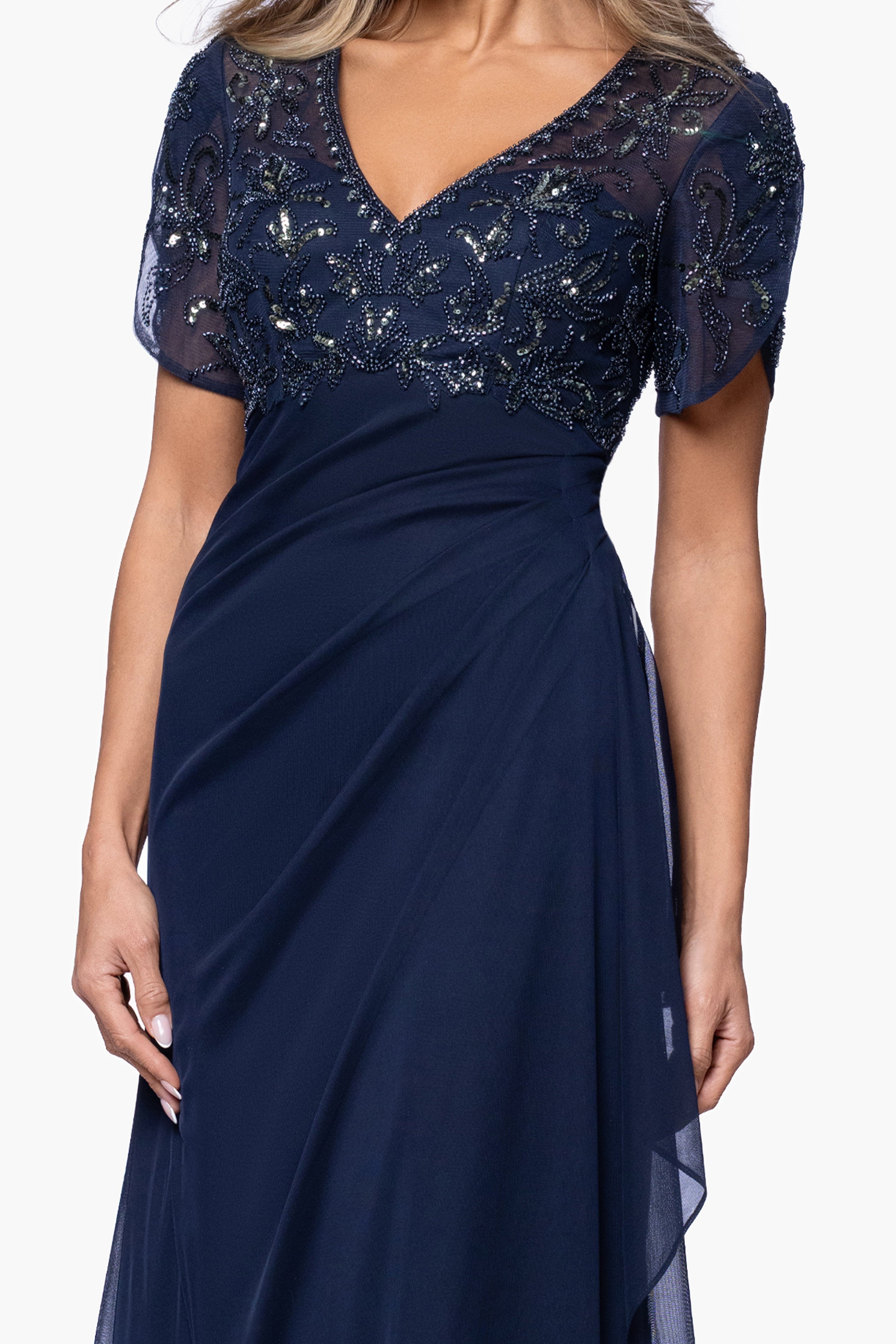 "Giselle" Sheer Jersey Beaded V-Neck Floor Length Dress