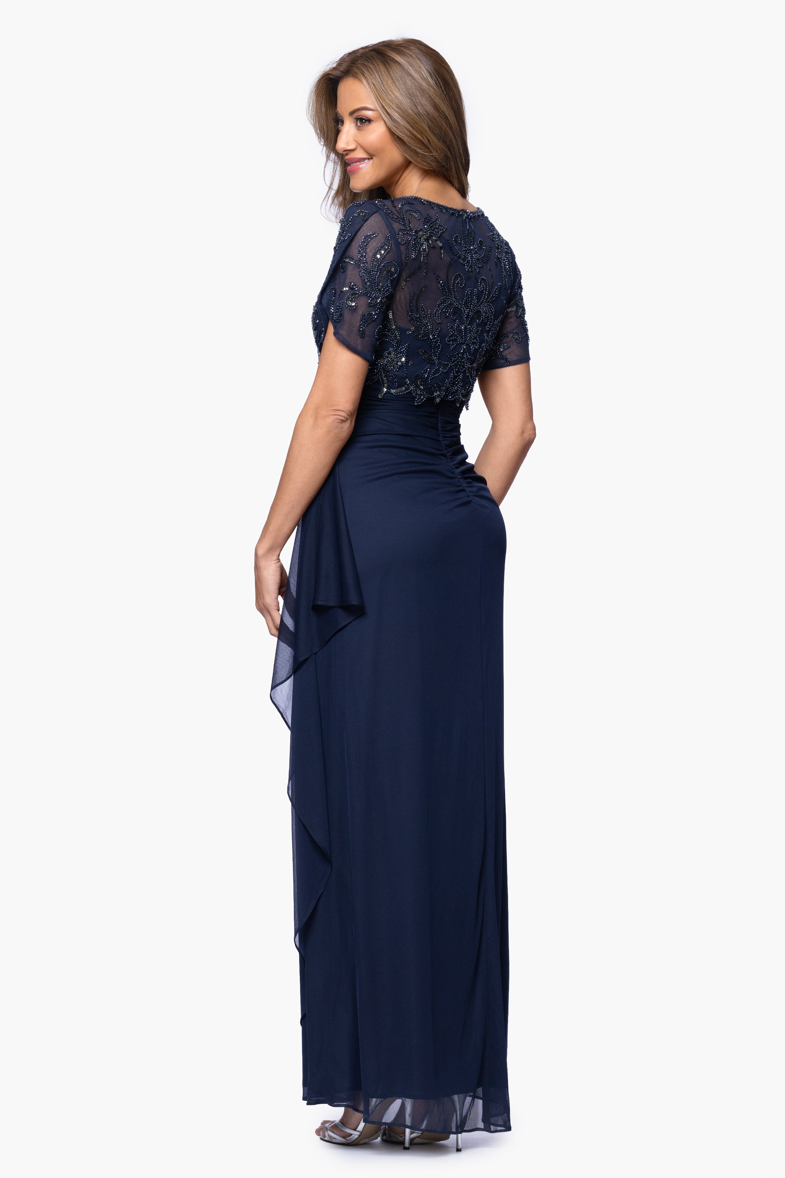 "Giselle" Sheer Jersey Beaded V-Neck Floor Length Dress