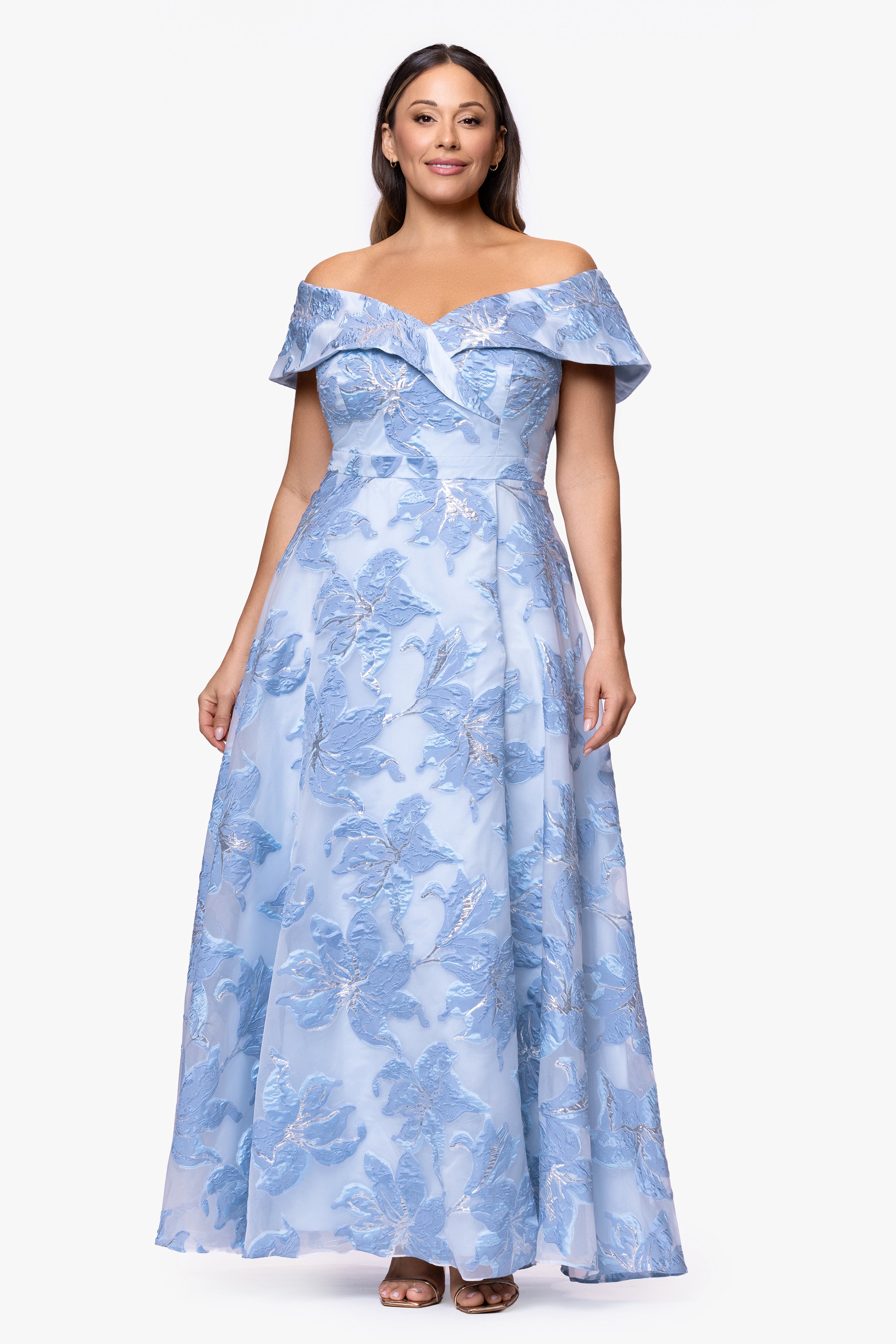 Plus "Alexi" Organza & Jacquard Off Shoulder Floor Length Dress