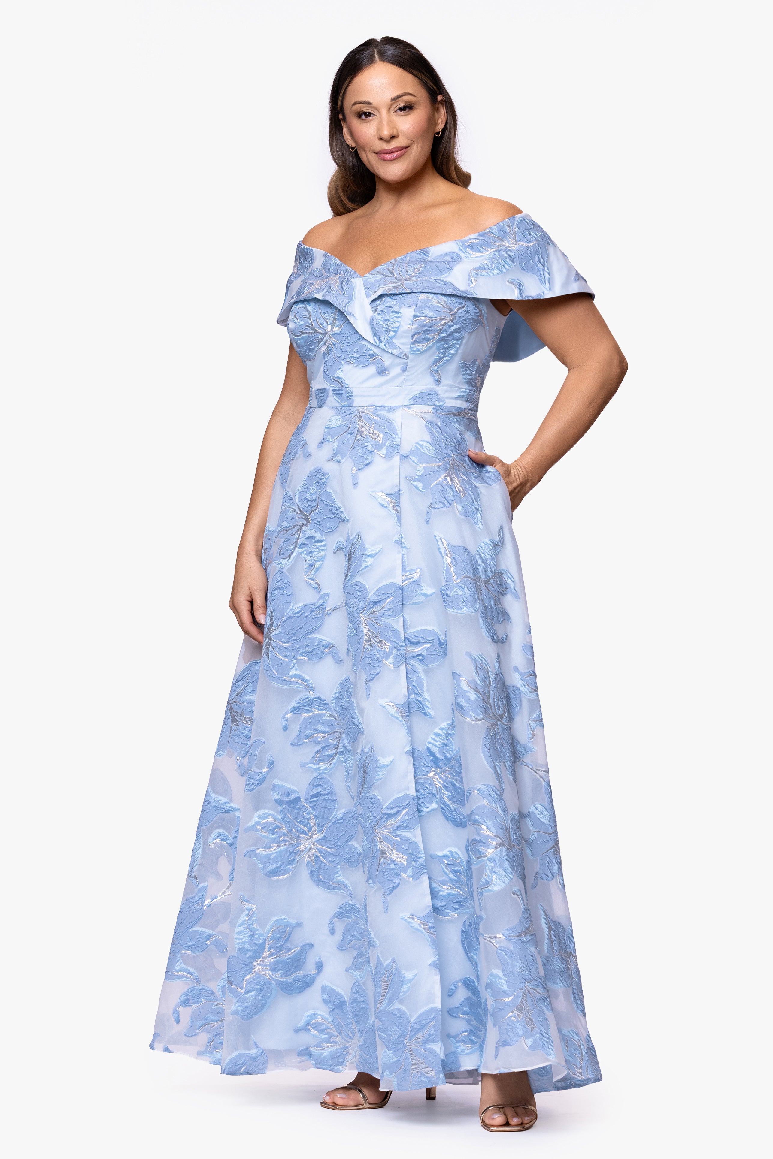 Plus "Alexi" Organza & Jacquard Off Shoulder Floor Length Dress