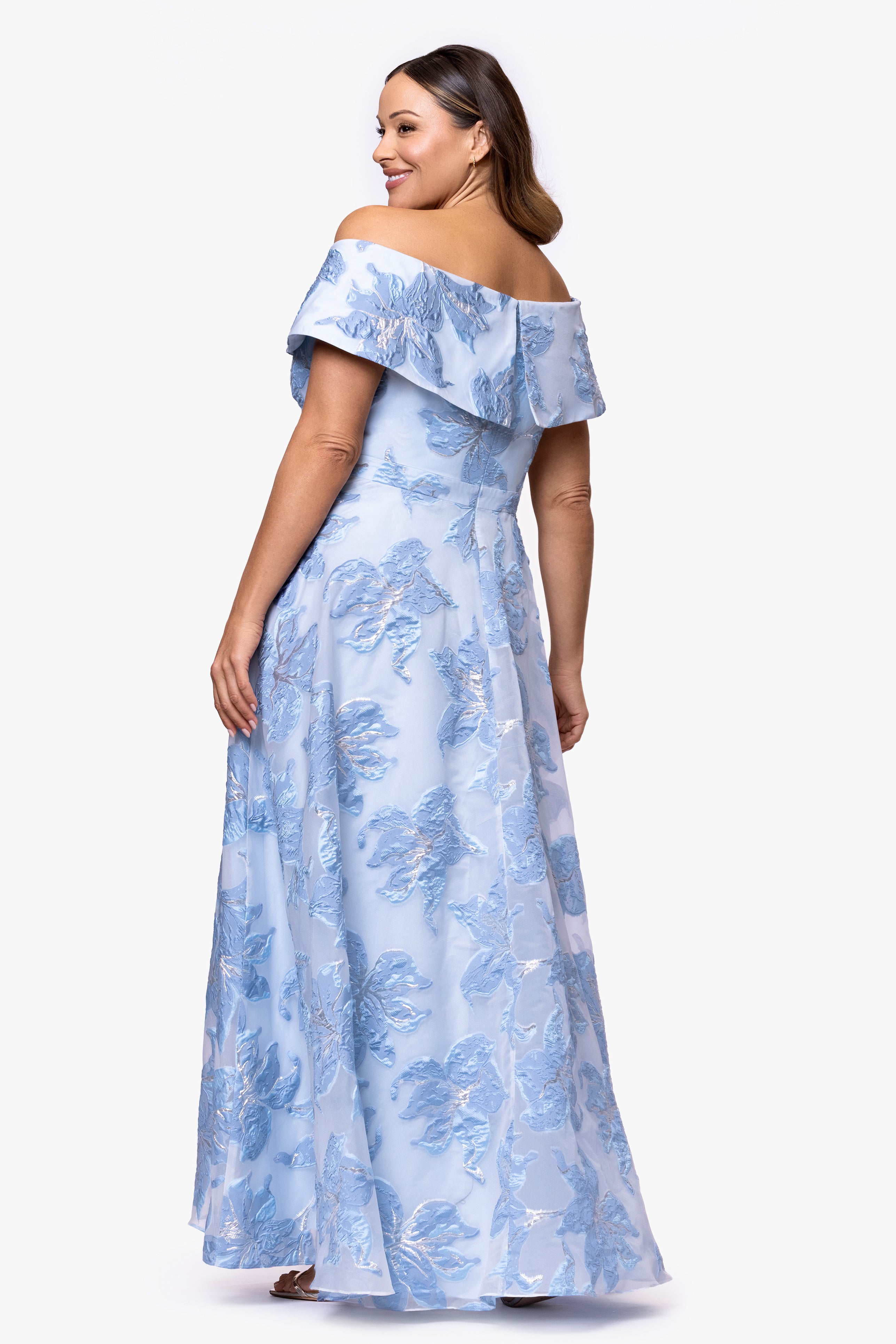 Plus "Alexi" Organza & Jacquard Off Shoulder Floor Length Dress