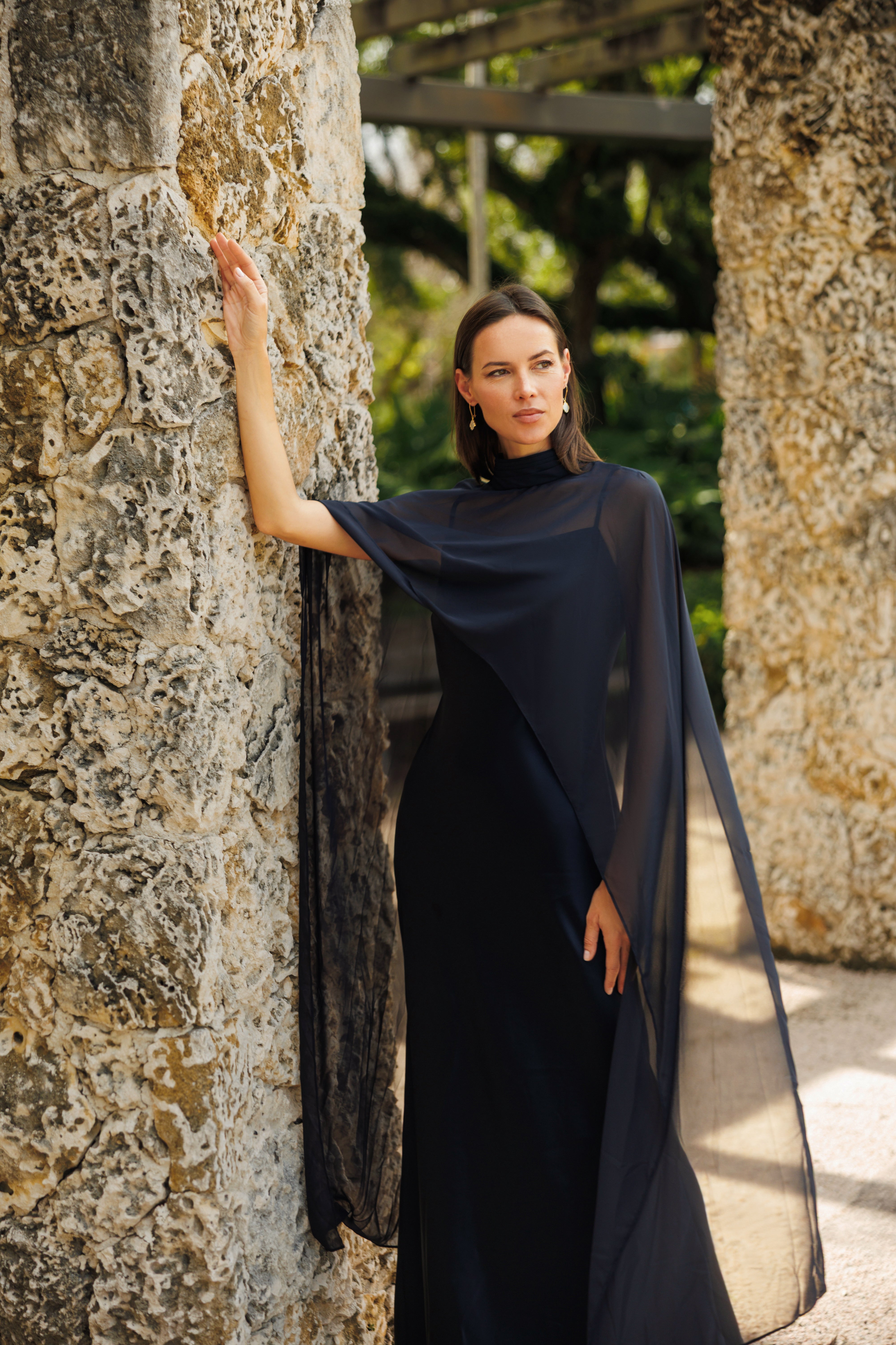 "Laura" Satin Dress With Removable Chiffon Shawl Dress