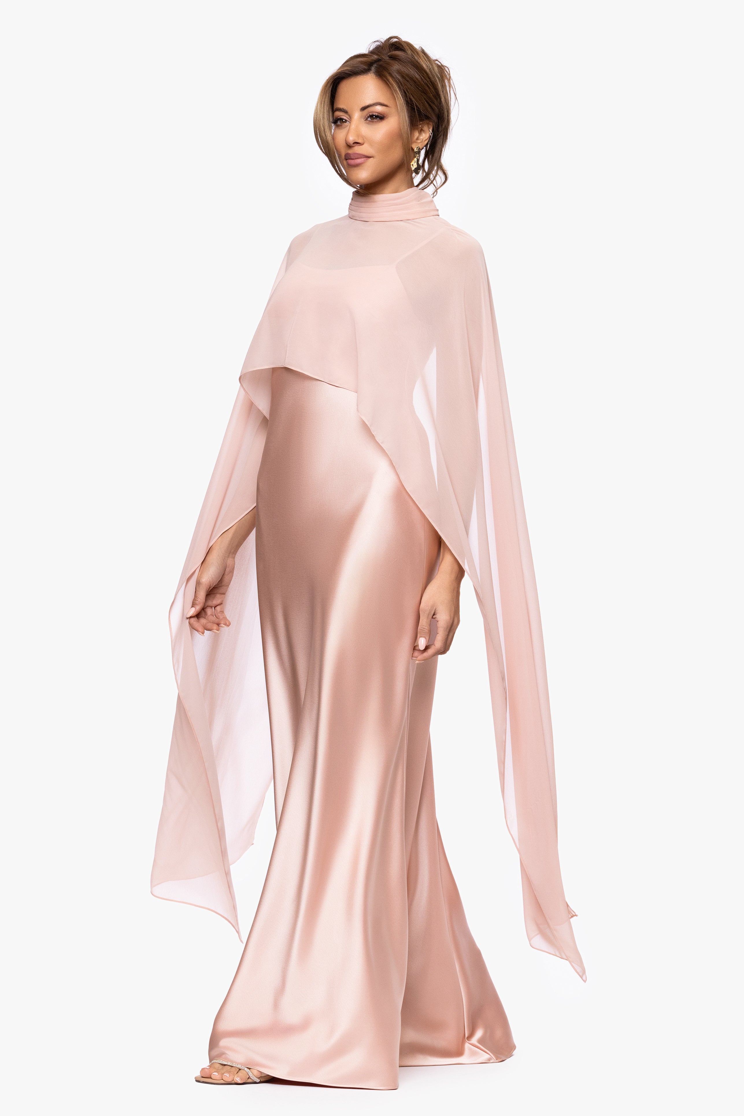 "Laura" Satin Dress With Removable Chiffon Shawl Dress