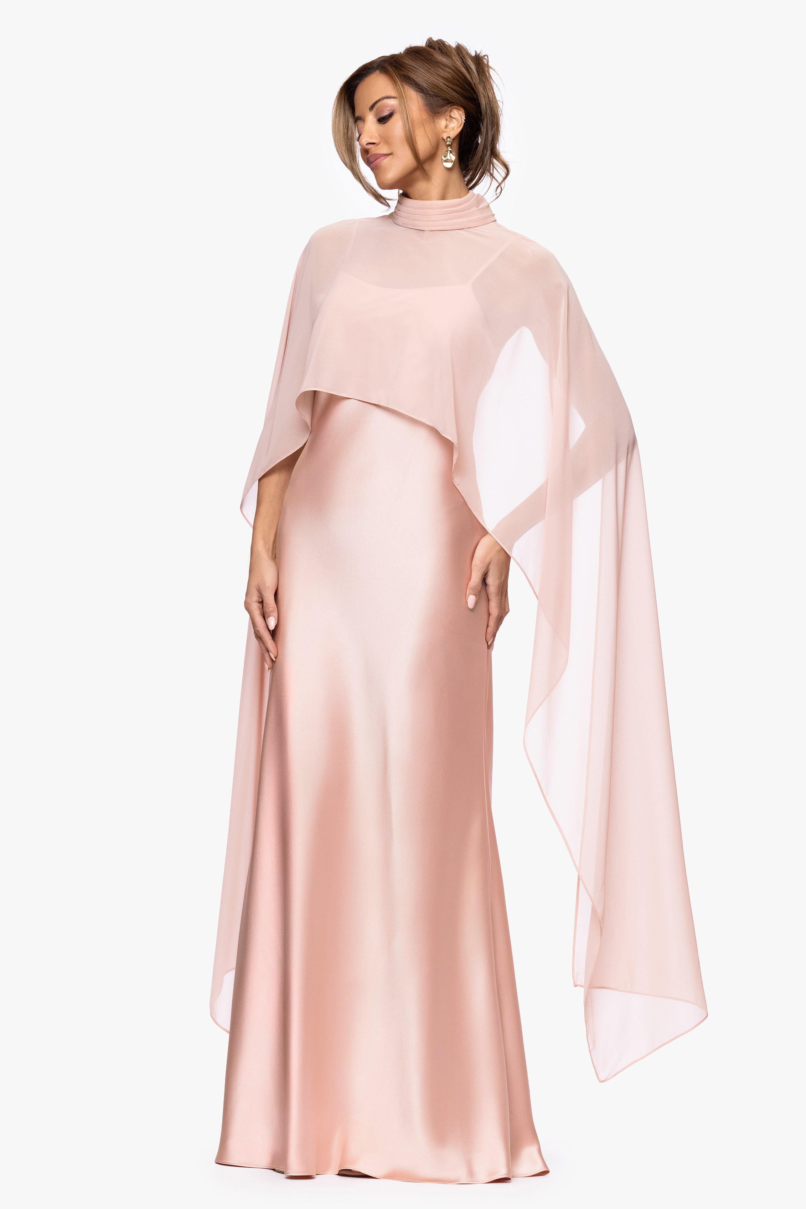 "Laura" Satin Dress With Removable Chiffon Shawl Dress