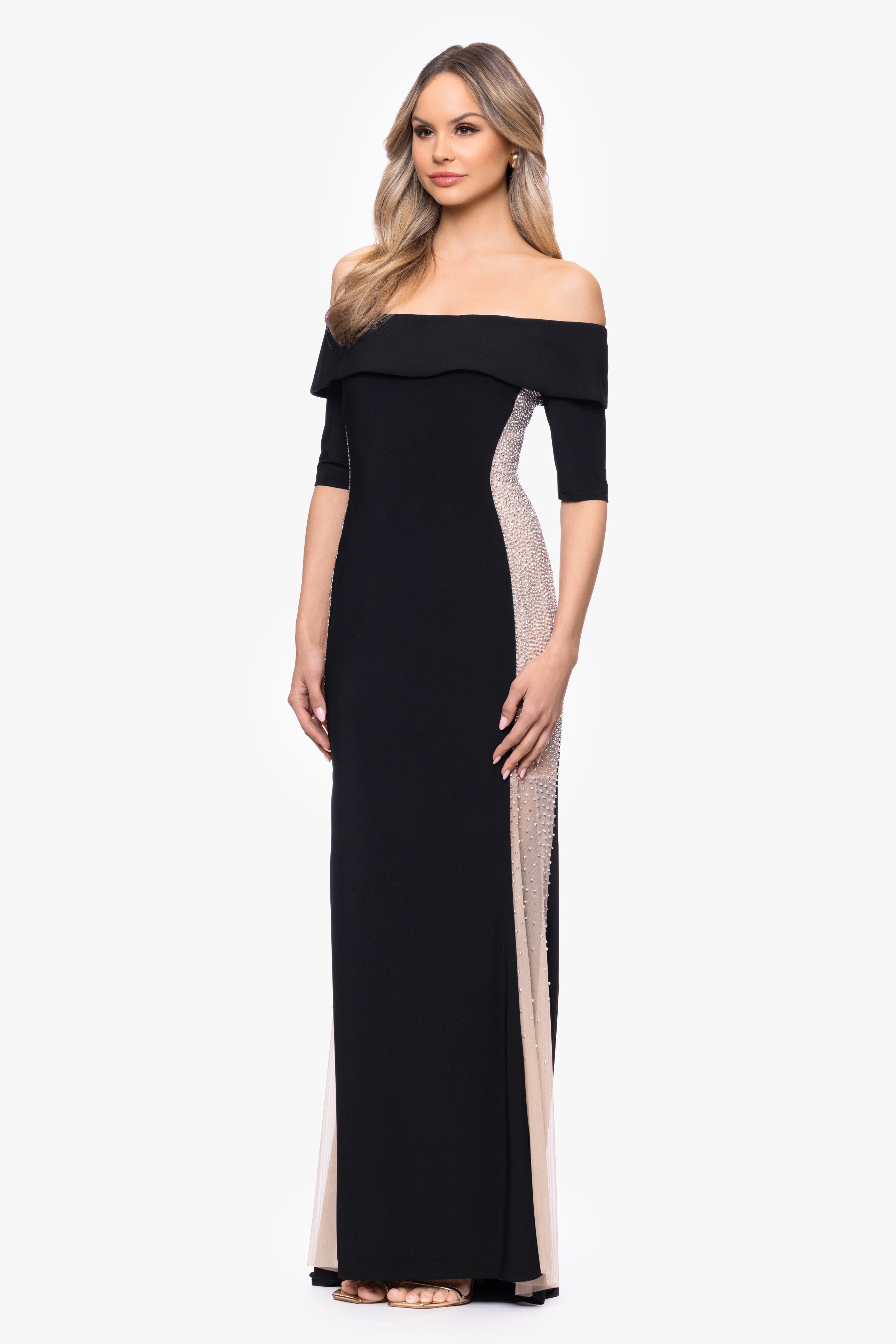 "Alice" Jersey Knit Off The Shoulder Caviar Dress