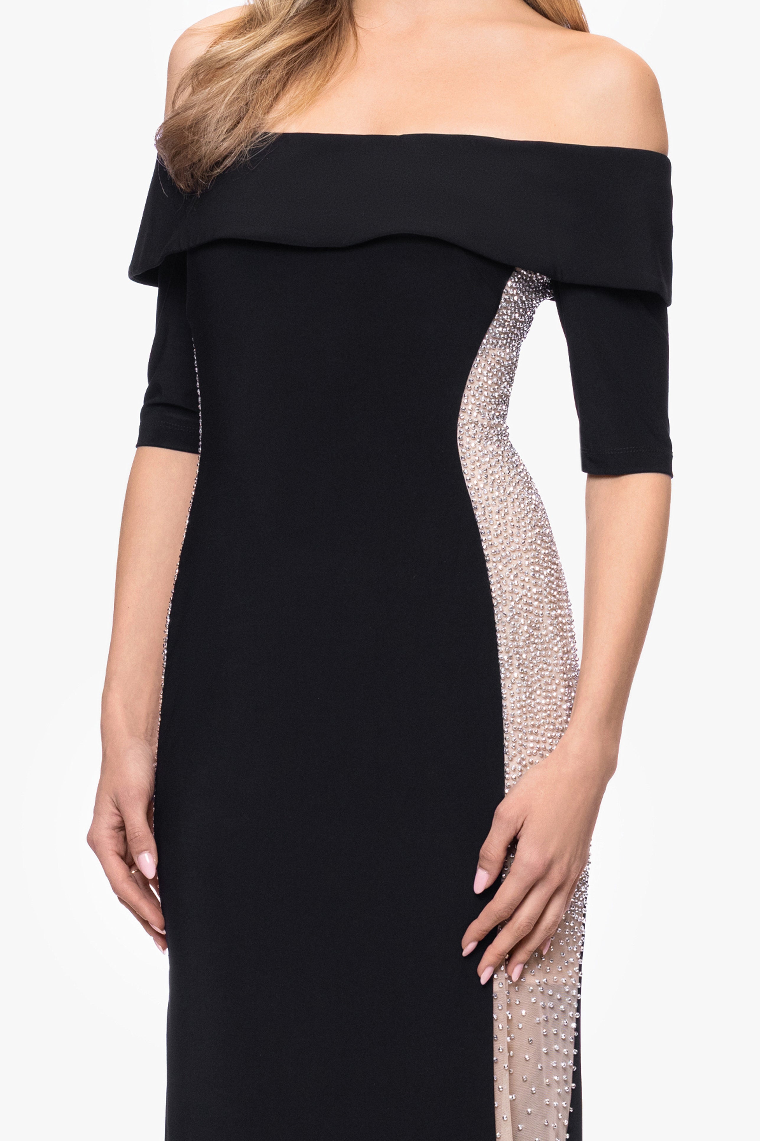 "Alice" Jersey Knit Off The Shoulder Caviar Dress