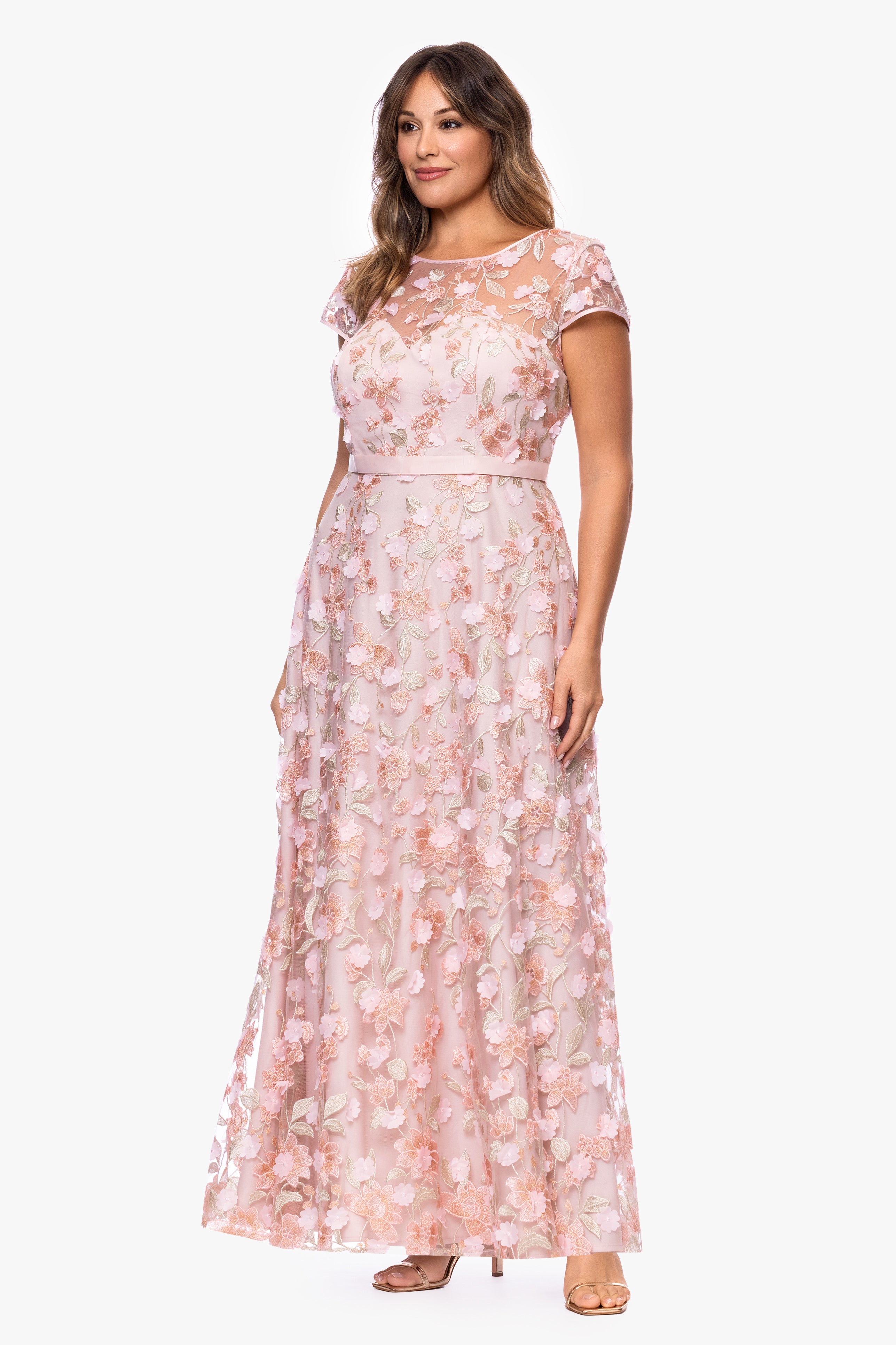 Plus "Sydnee" 3D Embellished Cap Sleeve Floor Length Dress