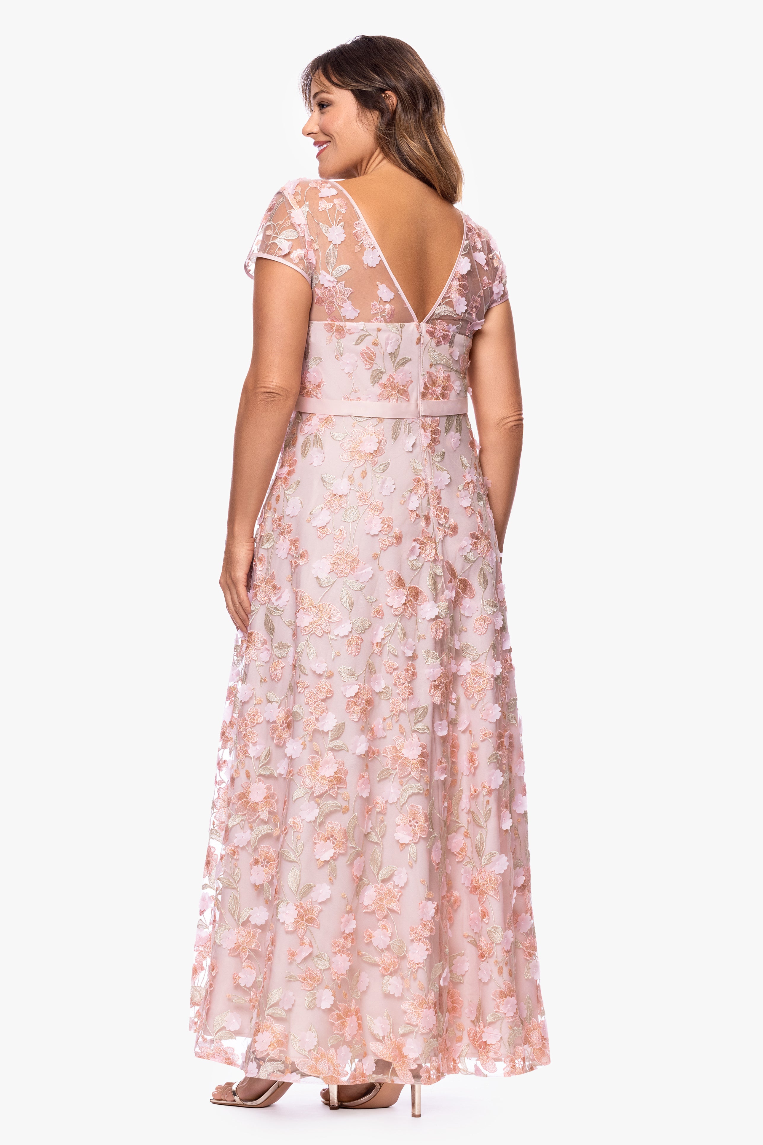 Plus "Sydnee" 3D Embellished Cap Sleeve Floor Length Dress