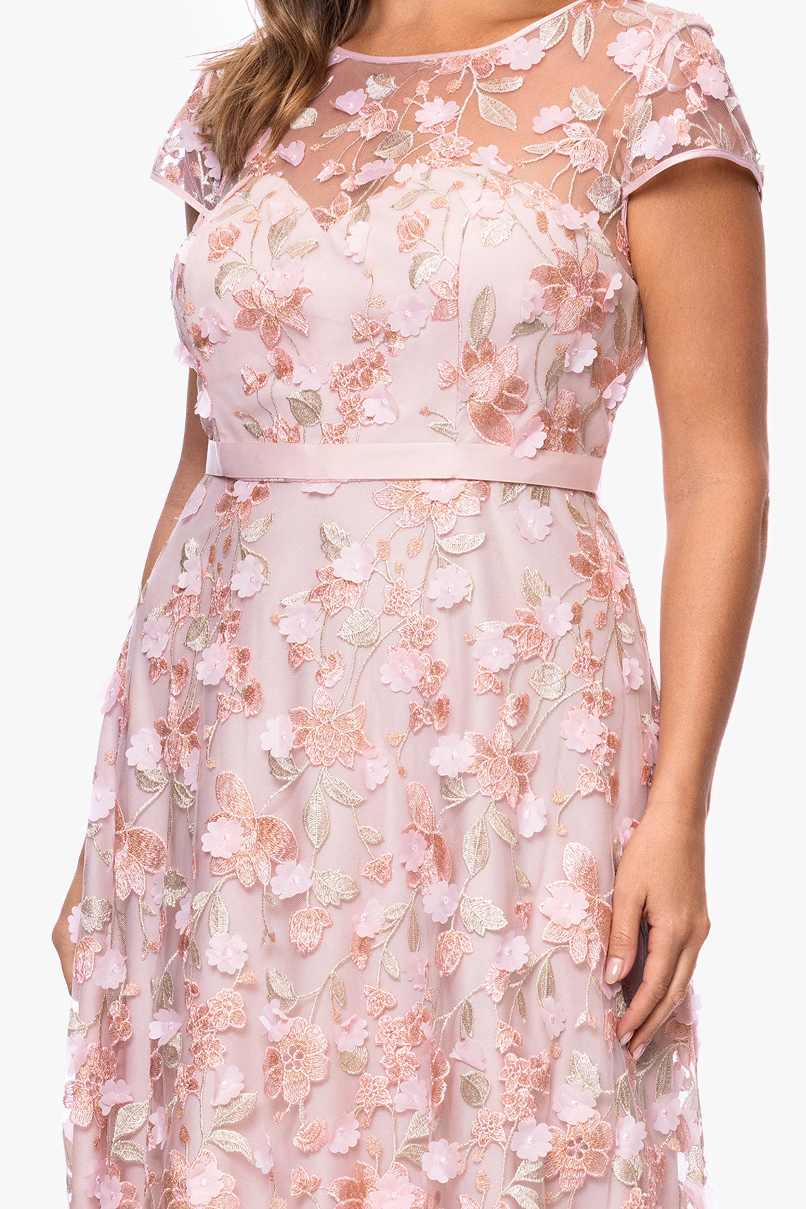 Plus "Sydnee" 3D Embellished Cap Sleeve Floor Length Dress